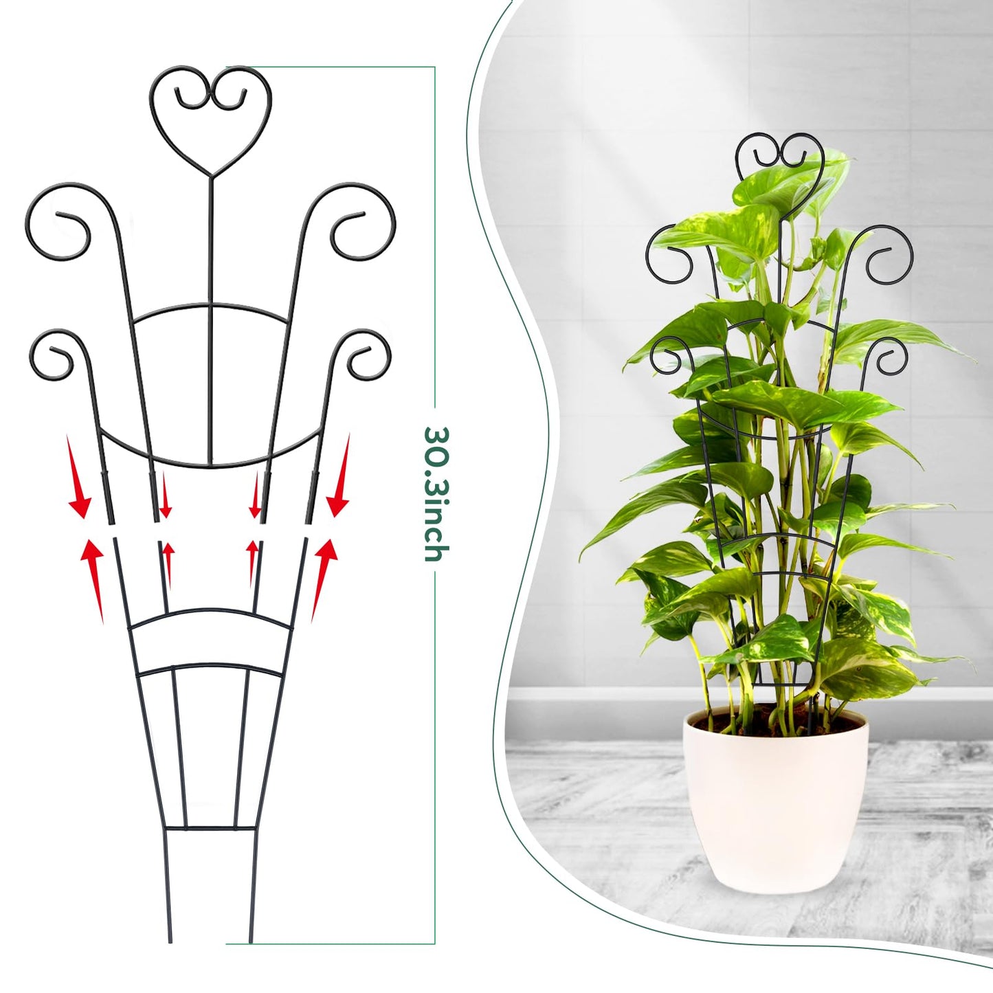 30 Inch Plant Trellis for Climbing Plants Indoor, Outdoor Metal Garden Trellis for Potted Plants, Houseplant Plant Support for Ivy Pothos Monstera Hoya Flower Vine Black Heart (Black-2pcs)