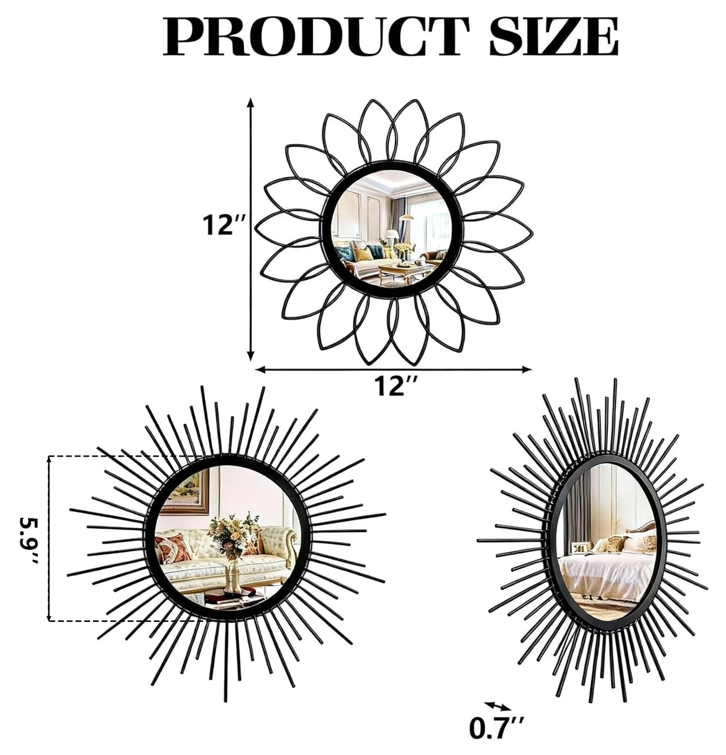 HMANGE Set of 3 Black Metal Sunburst Wall Mirrors - 12" Round Decorative Art for Living Room Bedroom Bathroom Entryway, No Assembly Required, Rust Resistant Design