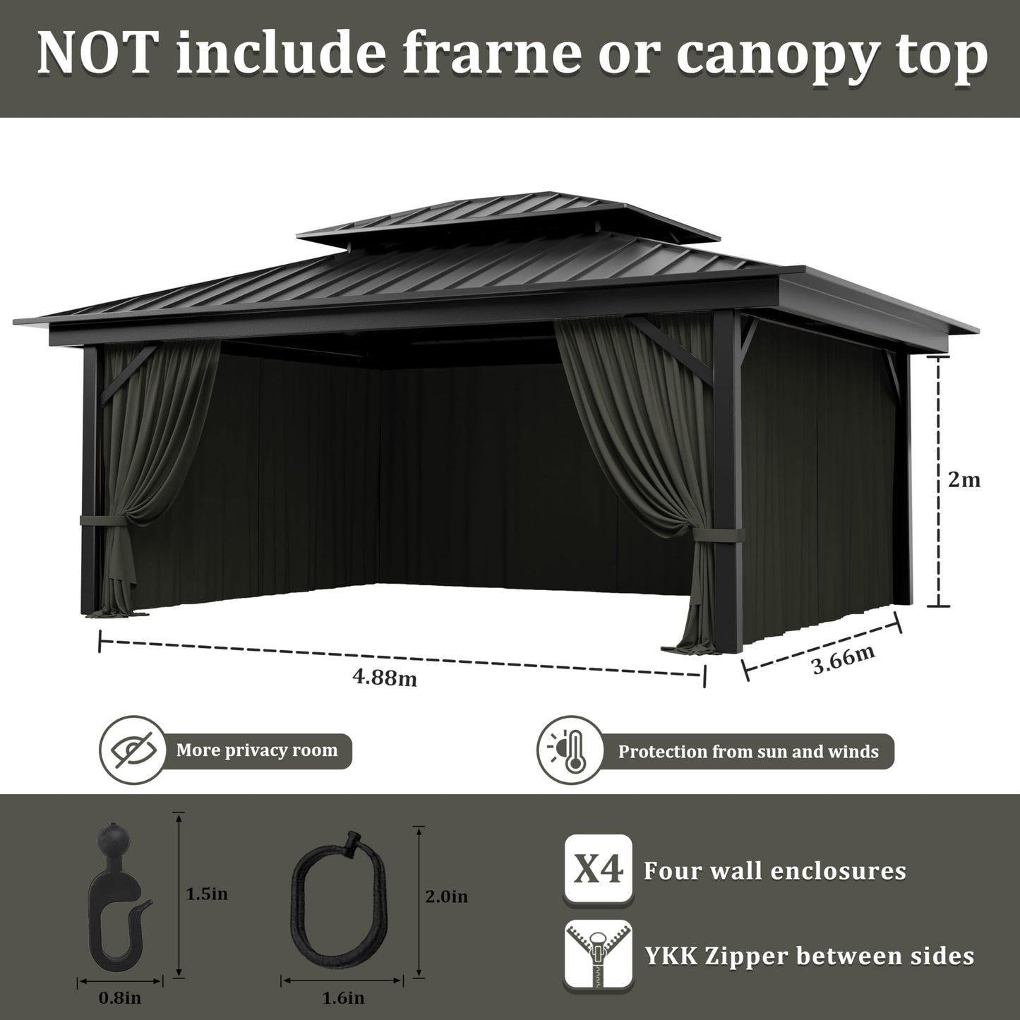 Pakunoda Outdoor Gazebo Curtain Replacement Universal 4-Panel Sidewalls 12' X 16',Outdoor Patio Waterproof Privacy Curtain with Double Zipper for Patio,Garden, and Backyard (Curtain Only)
