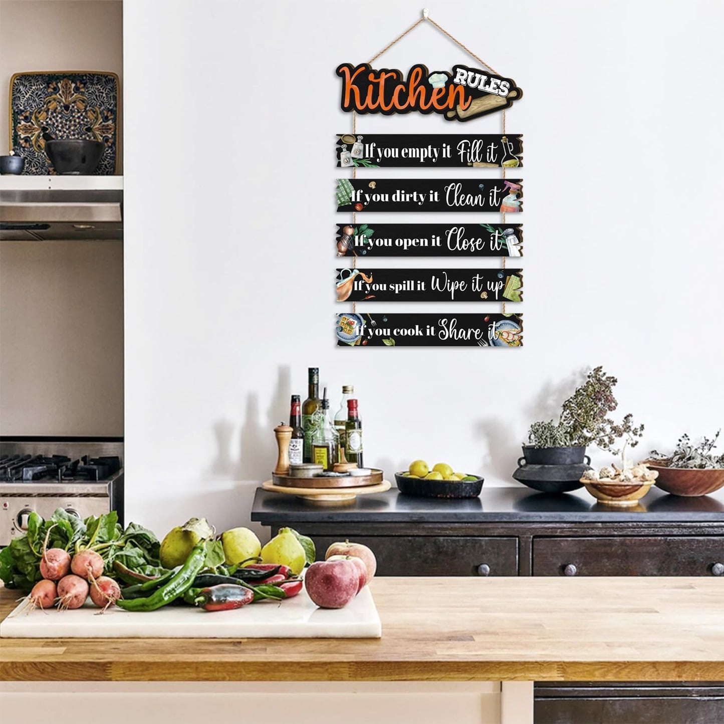 Celestdeco Kitchen Wall Sign,Funny Kitchen Rules Wall Decor,Rustic Bless the Food Wall Decoration Food Door Sign,Family Wood Decor for Home Dining Room Living Room