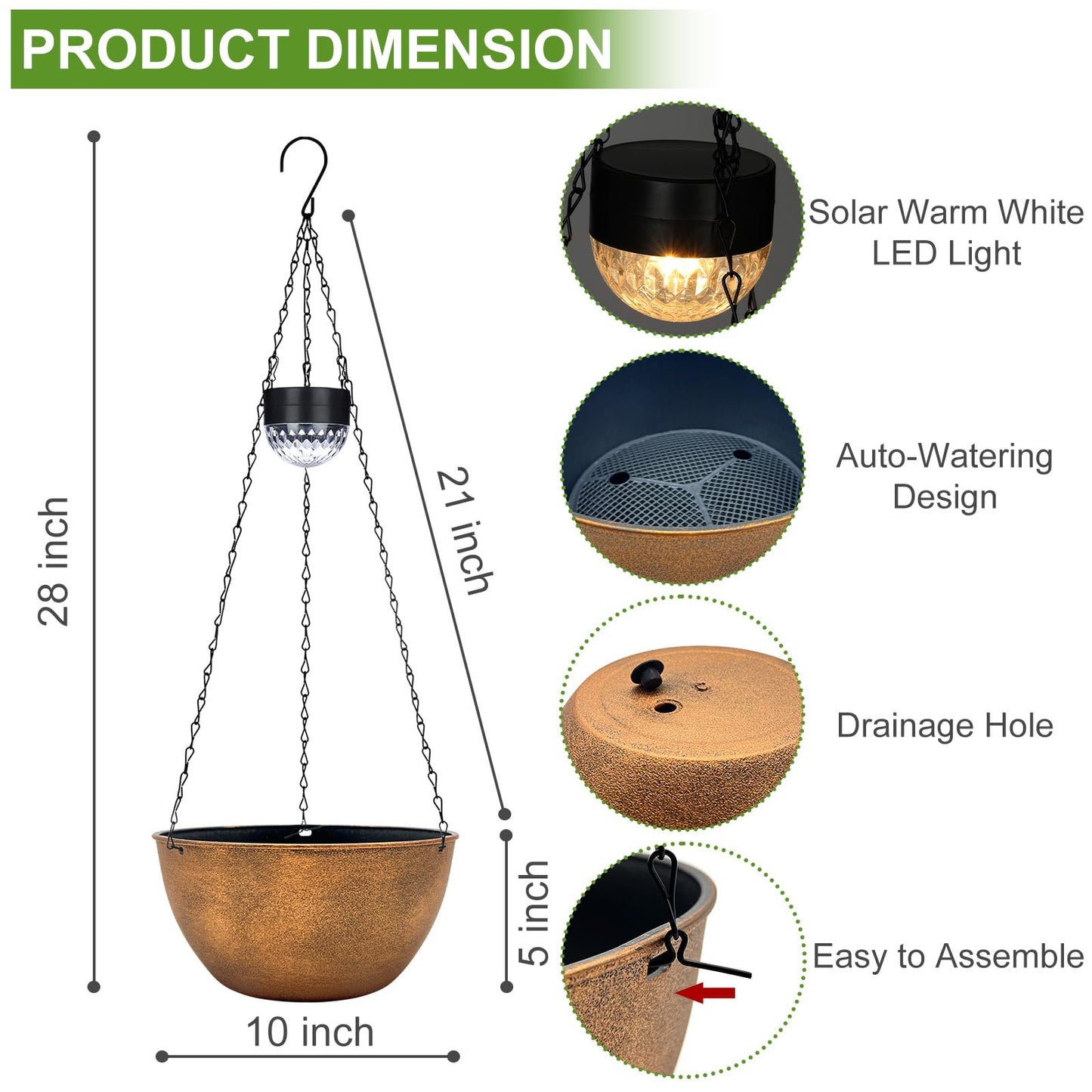 BAYN 2 Packs Solar Hanging Basket Planters for Plants Outdoor, Self Watering Bronze Flower Plants Pots with Solar Light Drainer for Balcony Patio Garden Outdoor Decoration