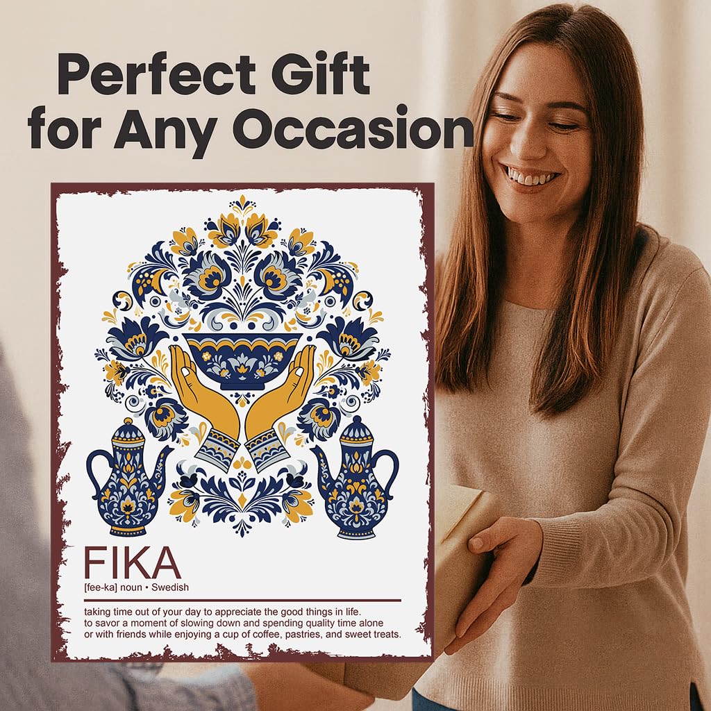 Moments of Warmth and Fika - Scandinavian Wall Decor Poster - 8x10 Unframed Swedish Folk Art Print for Kitchen Living Room Office - Nordic Home Gift for Women Christmas Midsummer or Rustic Cozy Décor