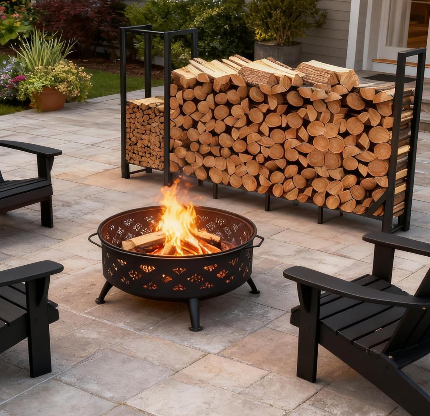 Shomextol 8ft Large Firewood Rack Outdoor, Heavy Duty Metal Wood Rack with Kindling Storage - For Indoor & Outdoor Fireplace, Wood Pile Organizer,Black