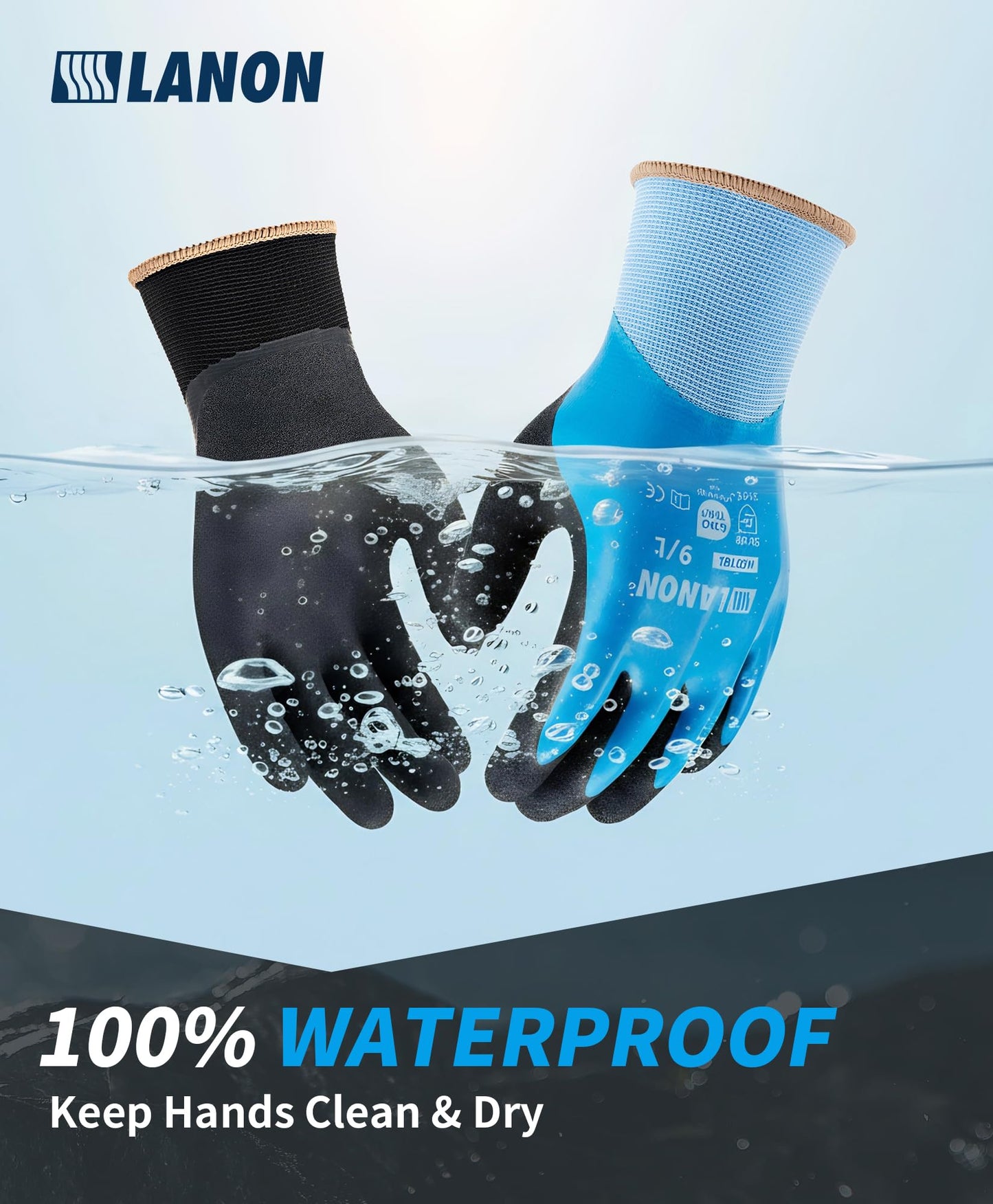 LANON 2 Pairs Waterproof Work Gloves for Men and Women,Double Rubber Coated for Gardening, Outdoor Construction,Car & Fish Cleaning, Non-Slip Grip, Elastic Cuff, Blue&Black,Large