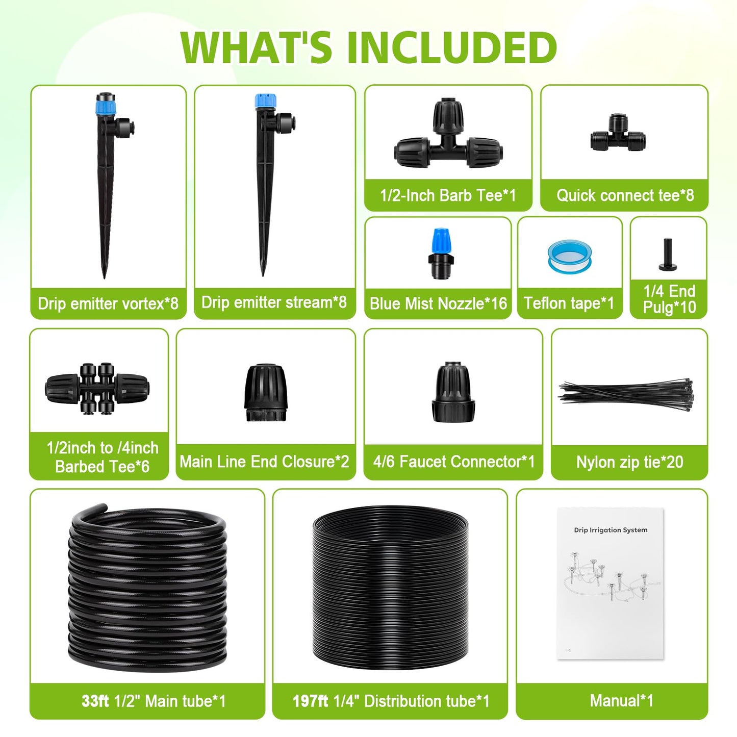 Kafuzi 230FT New Quick-Connect Drip Irrigation System Kit, Automatic Garden Watering Misting System for Greenhouse, Yard, Lawn, Plant with 1/2 inch Hose 1/4 inch Distribution Tubing and Accessories