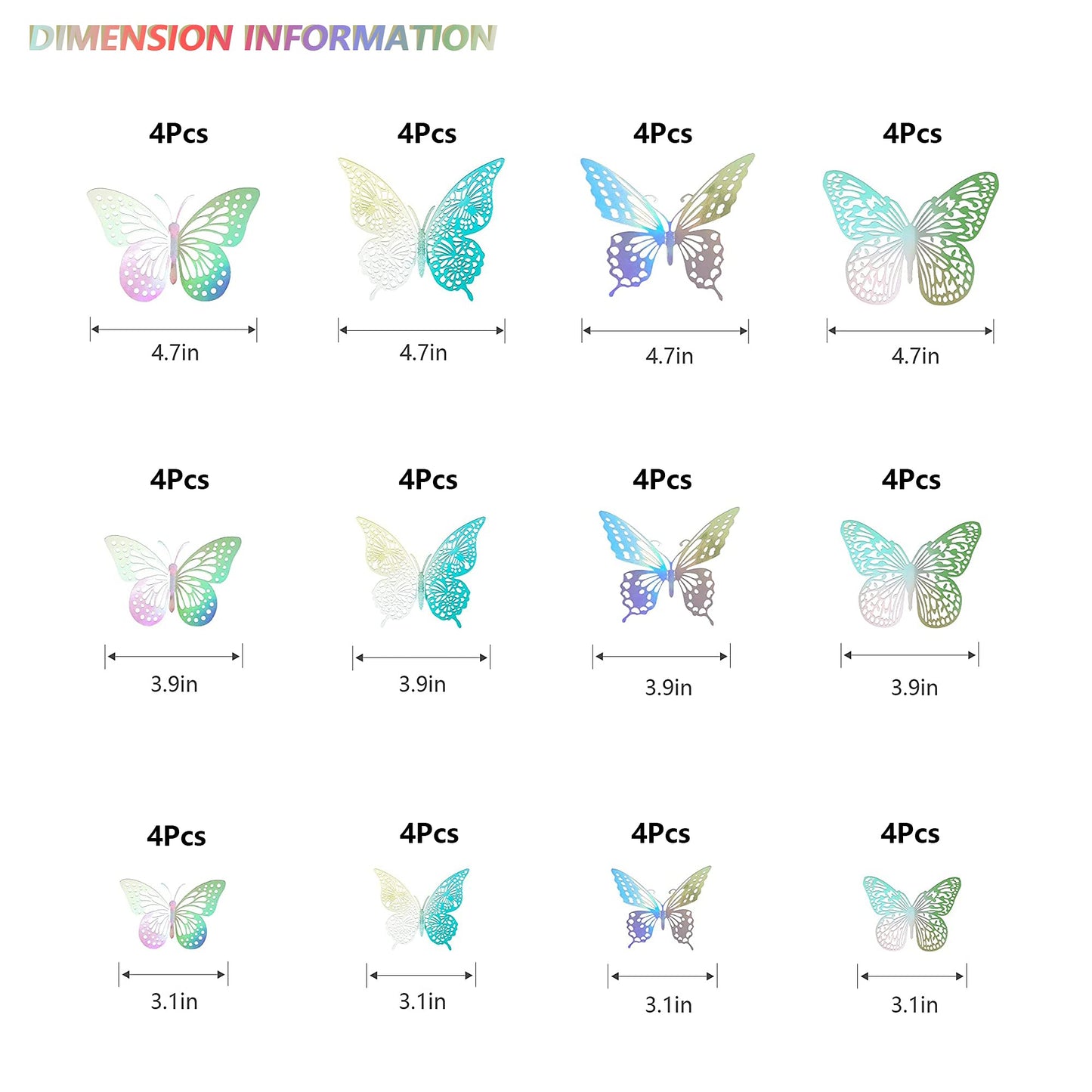 SAOROPEB 3D Butterfly Wall Decor - 48 Pcs, 4 Styles, 3 Sizes - Removable Stickers (Laser)