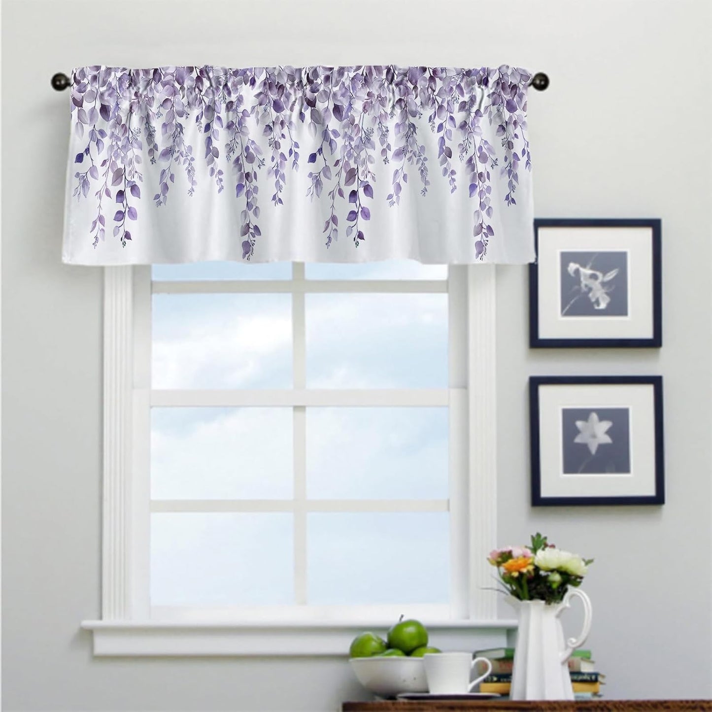 Potanhugie Valances for Windows Purple Eucalyptus Leaf Rod Pocket Cafe Window Treatments Valance Curtains for Kitchen Bathroom Laundry Basement Windows 42 x 12 inch