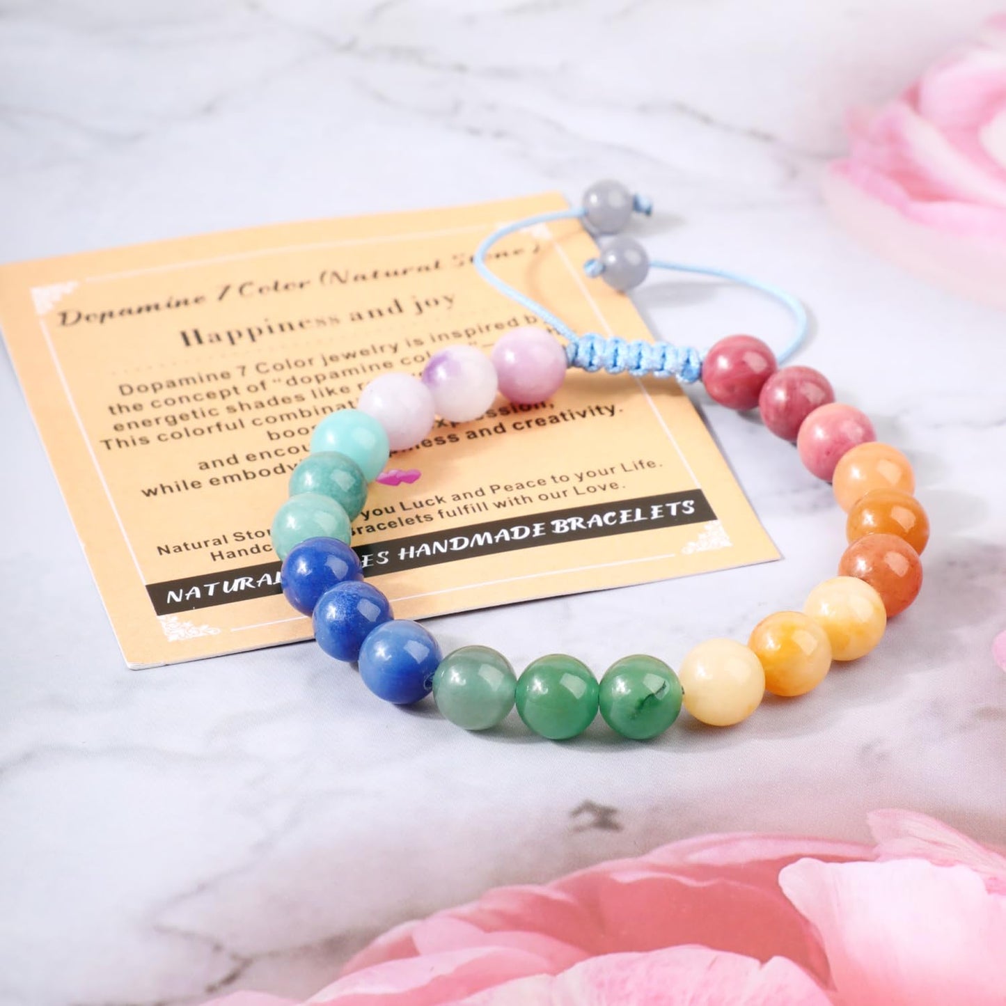 AD Beads 8mm Dopamine 7 Color - Happiness and Joy - Handmade Natural Stone Crystal Bracelet with Adjustable Macrame String - Yoga Healing Power Energy Gifts for Men and Women