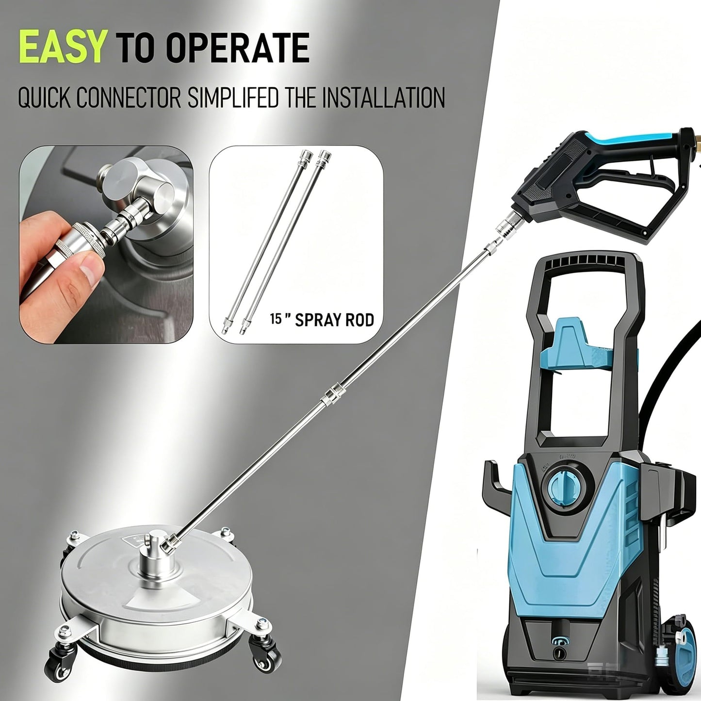 Hourleey 16" Pressure Washer Surface Cleaner, Stainless Steel Surface Cleaner with 4 Wheels for Concrete, Patio, Sidewalk, Deck, Pathway 1/4" Quick Connector, 2 Extension Wand, 4000 PSI
