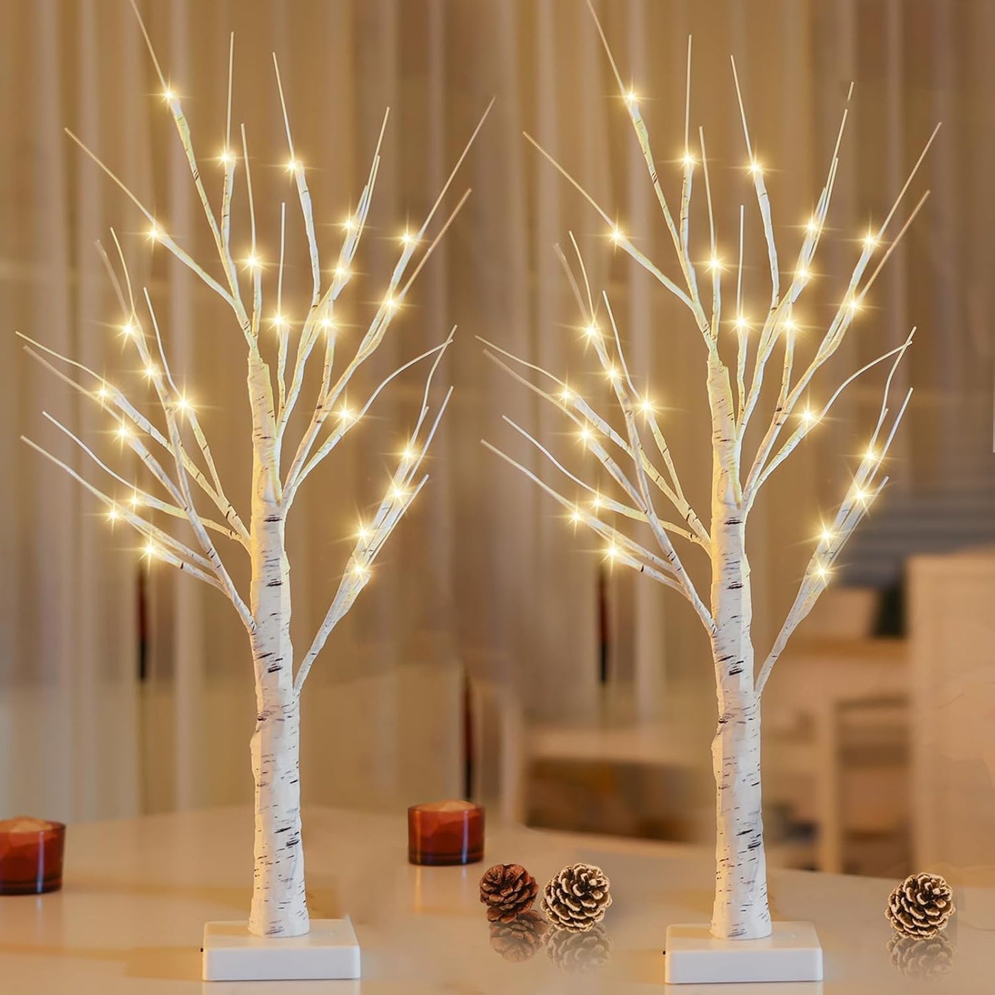 2-Pack 2FT Lighted Birch Tree with Timer for Easter Decorations Indoor, Artificial Birch Tree with 48 LED Warm White Lights, Fairy Light Tabletop Centerpiece Tree for Christmas Winter Deocrations
