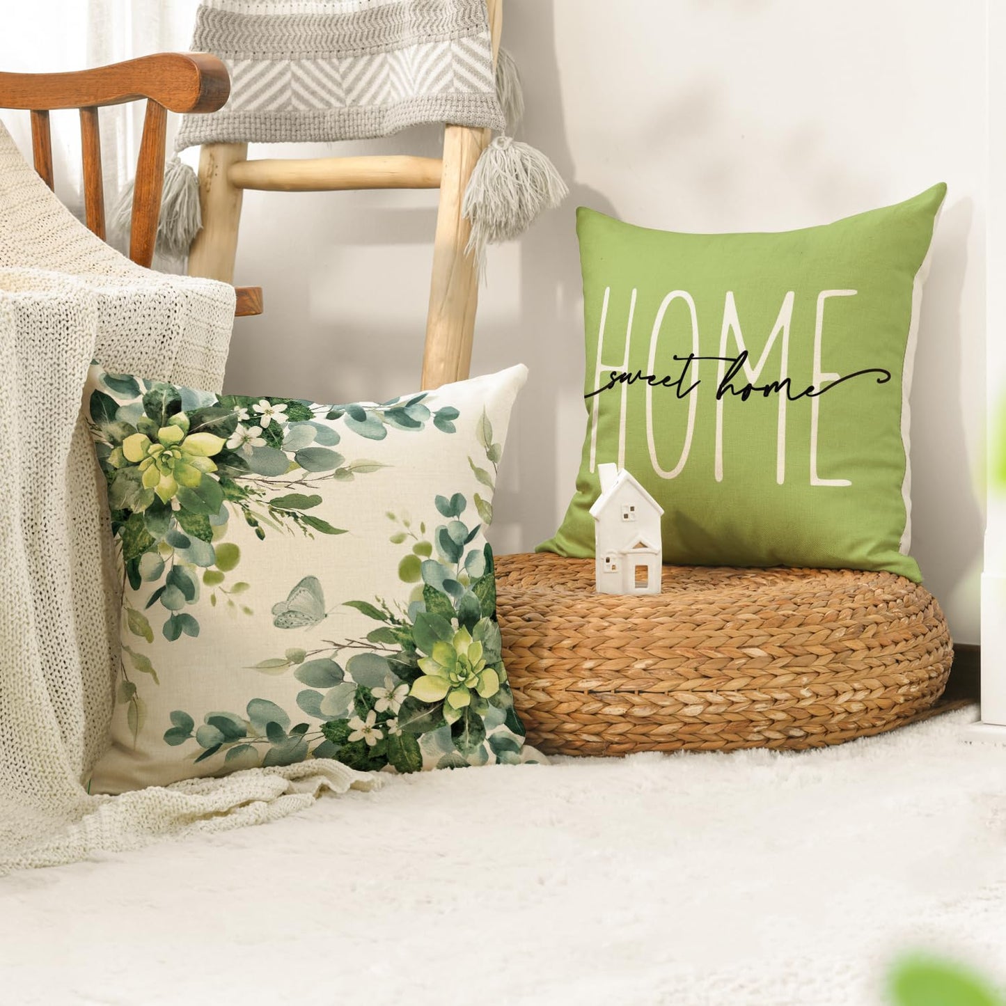 AVOIN Colorlife Home Sweet Home Eucalyptus Leaves Green Throw Pillow Covers, 18x18 Inch Spring Summer Seasonal Decorations Set of 4