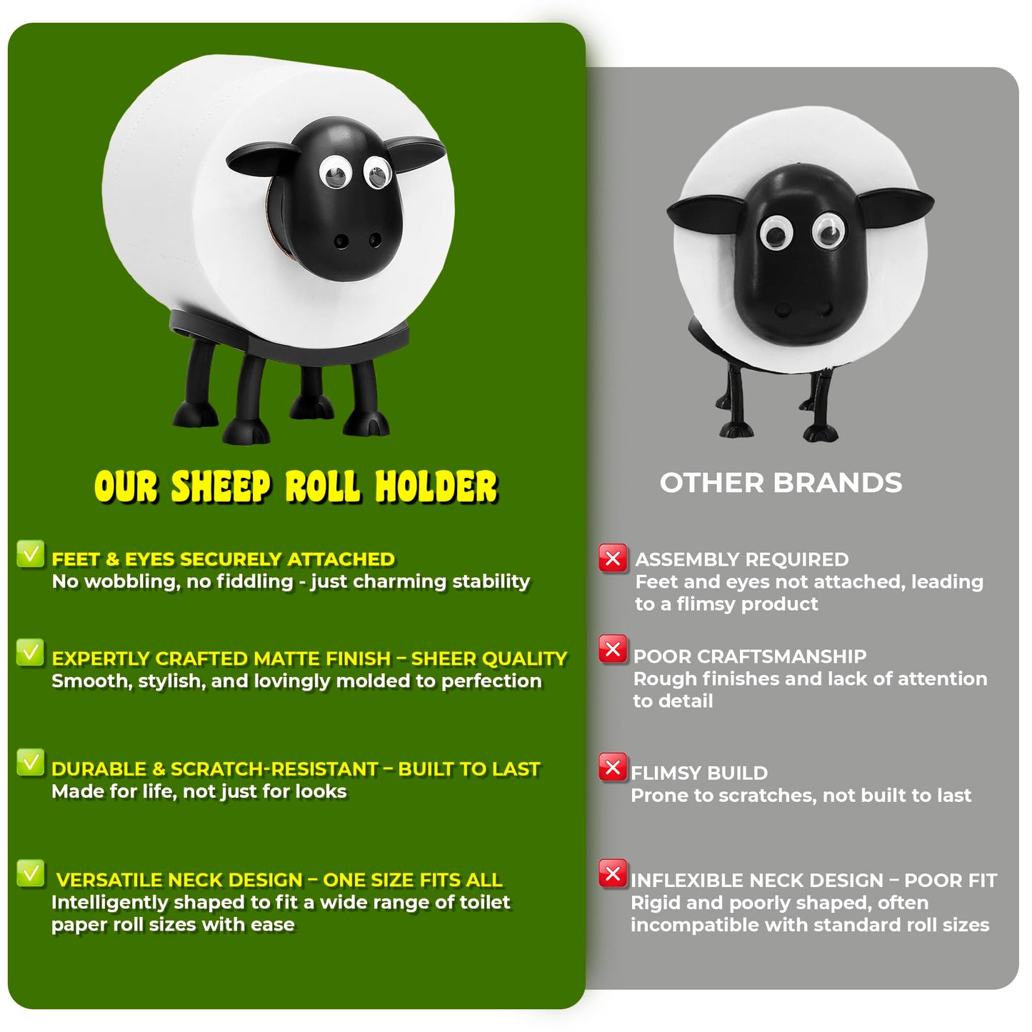 VELENTI Sheep Toilet Roll Holder, Free Standing Bathroom Set, 3D Printed, Funny Hilarious Black Sheep Loo Roll Holder, Tissue Paper Storage, Cute Bathroom Decor, X3, Set of 3