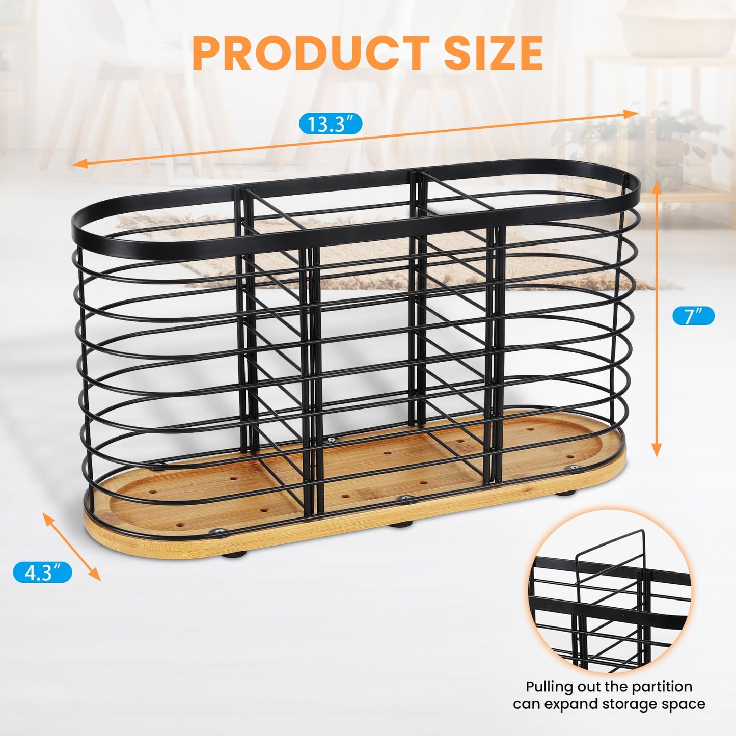 witarten Utensil holder for Kitchen Counter- Large Utensils Holder For Farmhouse Cooking 13.5" x 4.3" x 6.9" with Wooden Base Matte Black Cooking Utensil Holder Spatula Holder Utensil Caddy