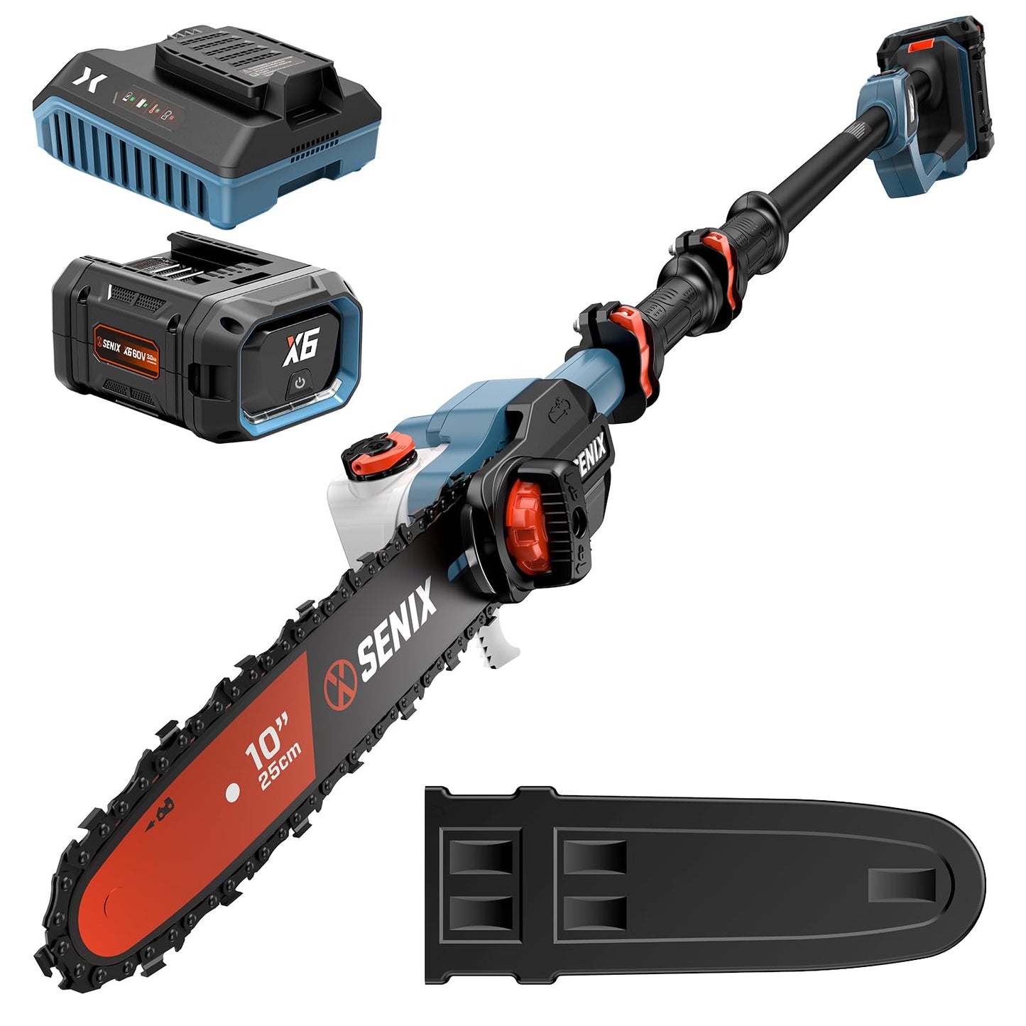 SENIX 10" Cordless Pole Saw, 60V Max 3.0Ah Battery Powered, Carbon Fiber Telescoping Pole (4.6-8.5 ft), 65.5 ft/s Cutting Speed for Tree Pruning and Branch Trimming