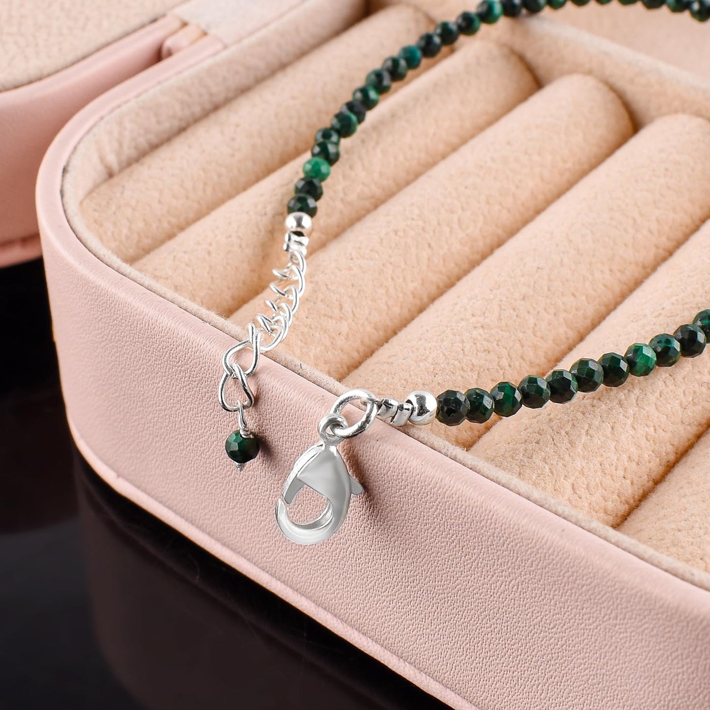 Natural Green Malachite Gemstone Micro Beads Dainty Bracelet Jewelry for Women Gifts For her, Birthstone Energy Crystals, Silver Plated Chain 8 inch
