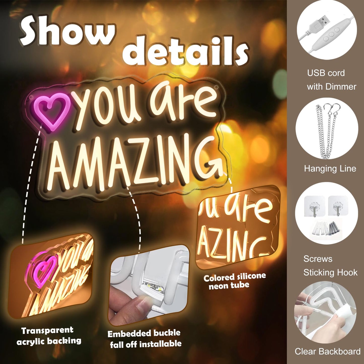 You Are Amazing Neon Sign Wall Decor for Bedroom Class Room Bar Pub Club Nursery Hanging,Dimmable USB Pink Led Light for Wedding Birthday Party Women Christmas Gifts