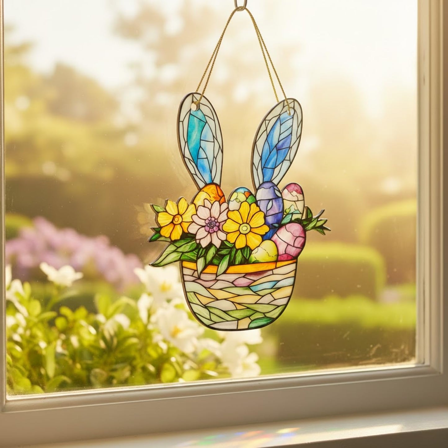 Floral Gifts for Women, Bunny in Flower Basket Acrylic Suncatcher, Faux Stained Glass Effect,Hanging Decoration for Window, Home, Cute, Whimsical Garden Suncatcher, Christmas Tree Decor