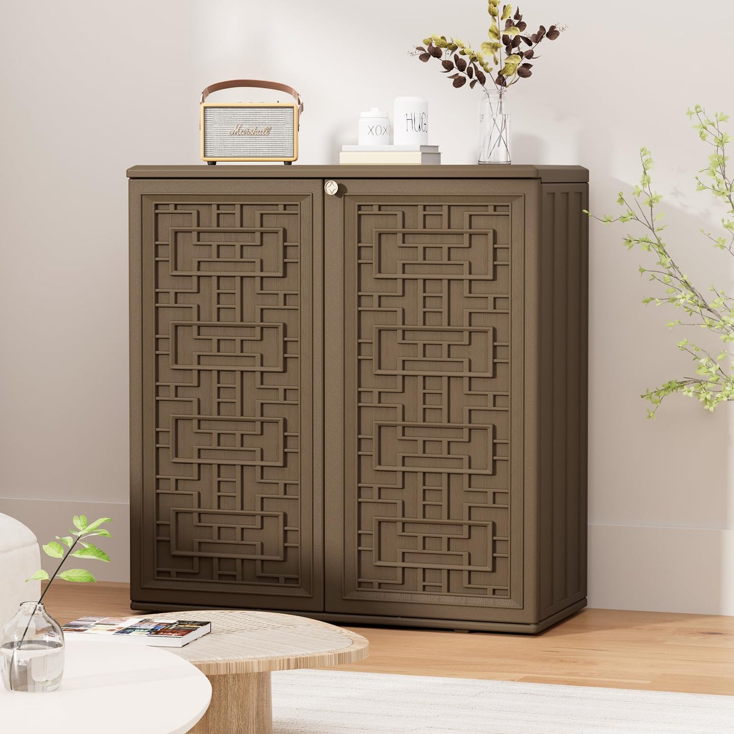 HOMSPARK Indoor/Outdoor Storage Cabinet with Doors and Shelf, 34”x16”x36” HDPE Plastic Storage Box for Patio, Balcony, Multi-Purpose for Tools, Brown