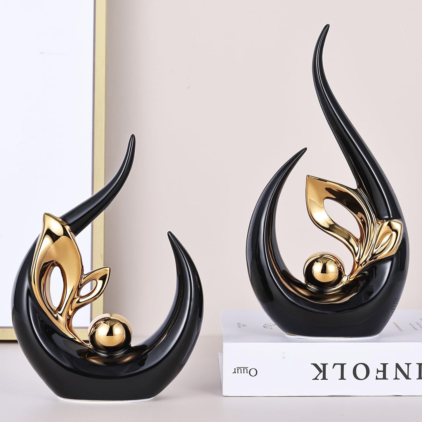 9.4" H Black Gold Abstract Sculptures Home Decor, Ceramic Art Statue Cool Stuff to Put on Shelves&tv Stand Decor, Gold Accent Entertainment Center, for Fireplace Coffee Table Dining Table Decorate