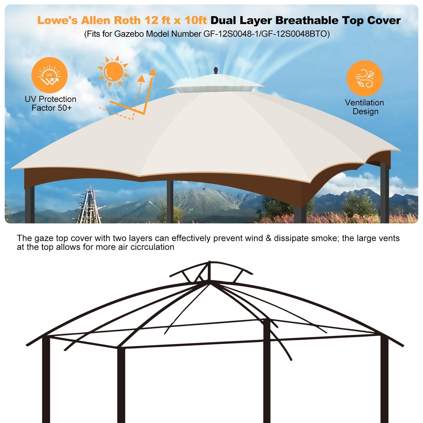 10 x 12 Replacement Gazebo Canopy Top for Lowe's Allen Roth Gazebo Double-Tier Gazebo Roof Cover with Air Vent Heavy Duty Canopy Roof Gazebo Top 10X12 Gazebo Cover for Shop, Garden, Yard (Beige)
