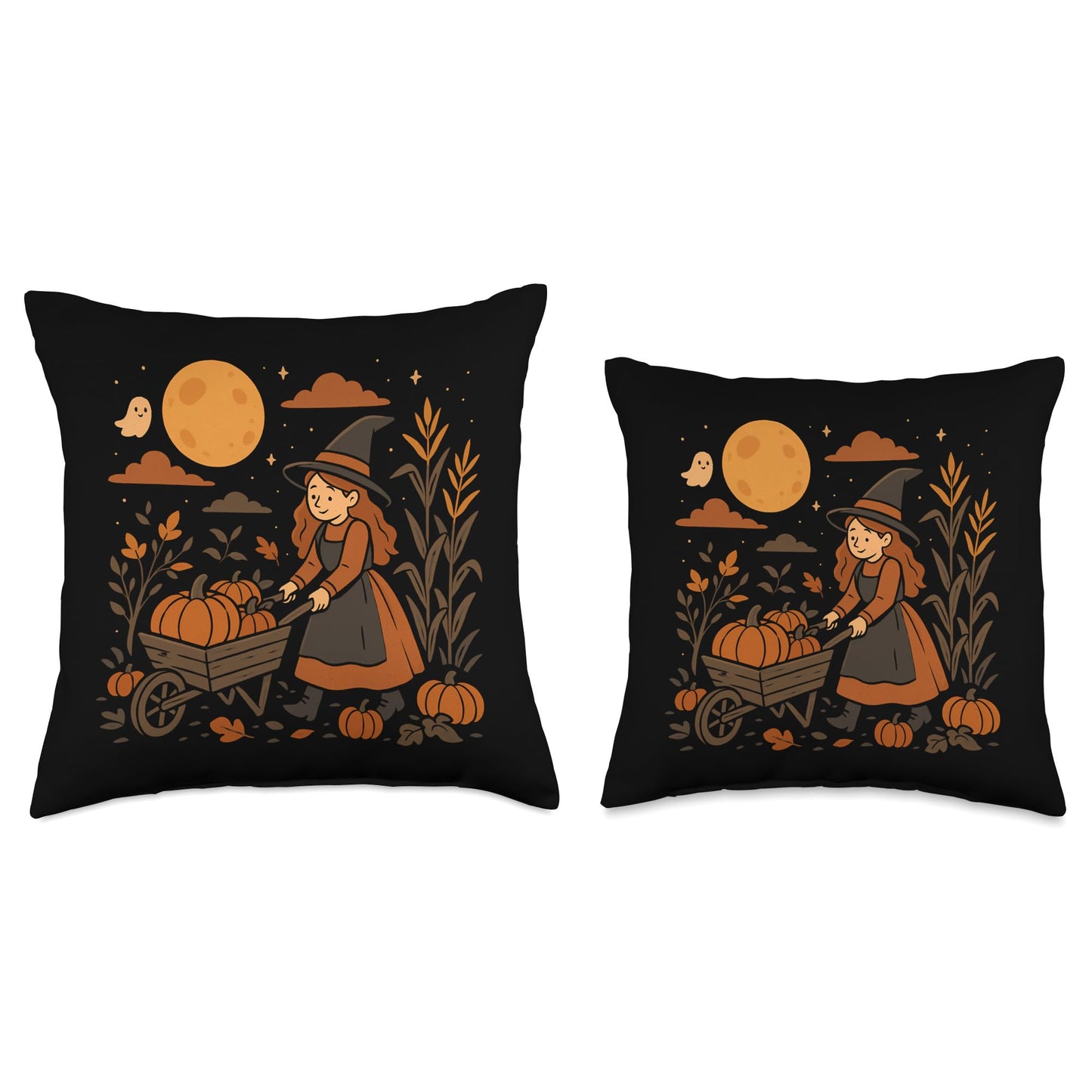 Witch with Wheelbarrow of Pumpkins Throw Pillow