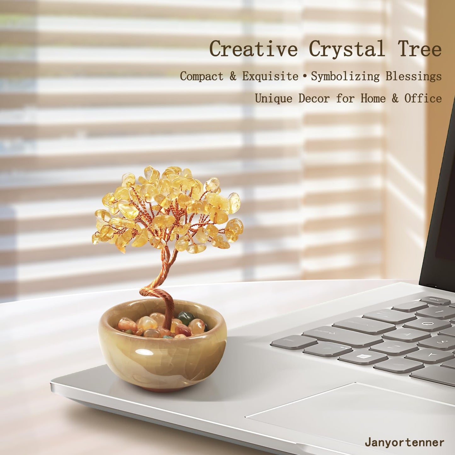 Janyortrenner Mini Citrine Crystal Money Tree,Wealth Home Office Desk Decor,Handmade Copper Wire in Crackle Ceramic Base,Feng Shui Office Gift