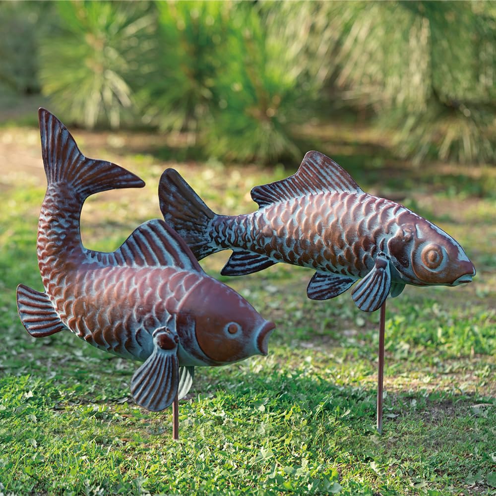 G/N Set of 2 Koi Fish Decor Outdoor Statue Sculpture Garden Pond Fishes Yard Art Antique Copper Koi Sculptures & Statues Large Metal Koi Fish Figurine Ornaments Décor Gifts for Women Mom Grandma