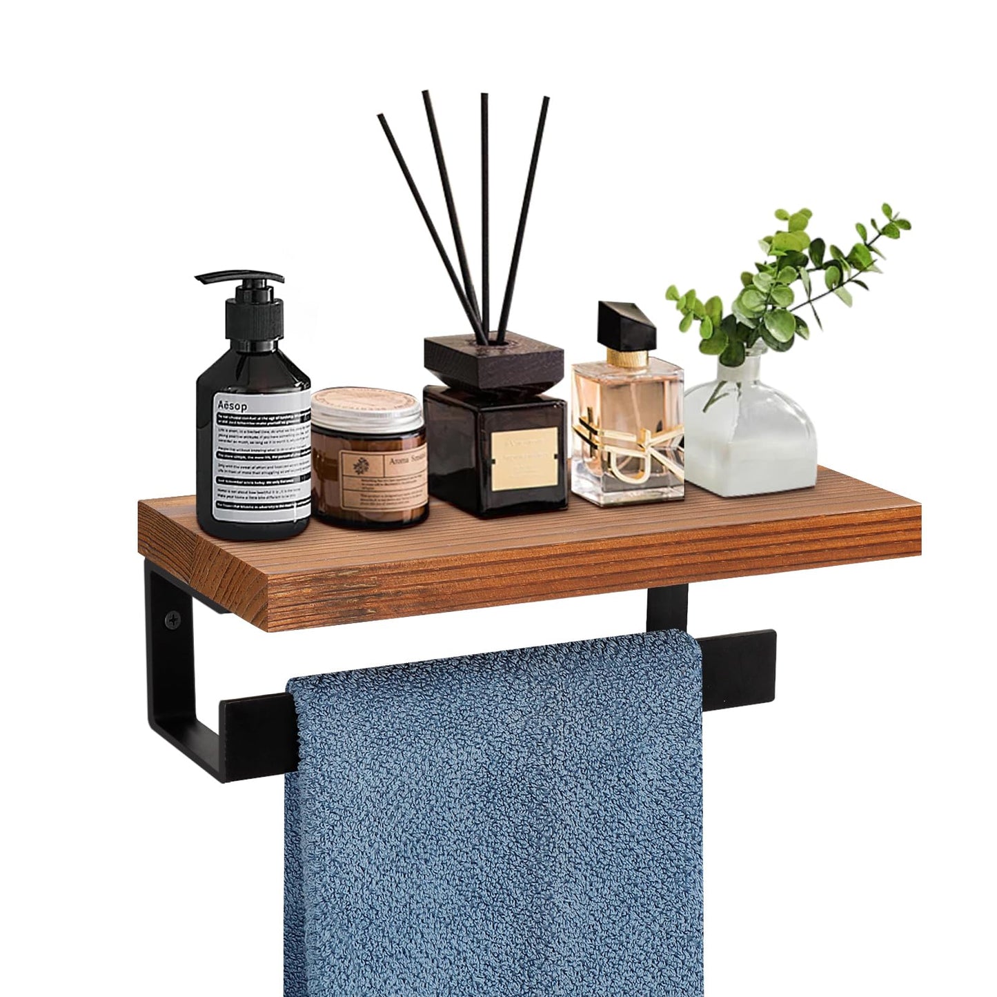 Winmien Hand Towel Holder/Towel Ring with Wooden Shelf, Hand Towel Rack, Hand Towel Hanger for Bathroom, Bath Accessories Wall Mounted, Matte Black (9"-Squ Shaped)