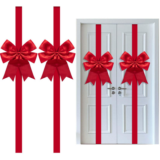 Iceyyyy 2 Pcs 14.2Ft Extra Large Christmas Front Door Warpping Bow, Adjustable Red Christmas Doors Ribbon Bow with Buckle, Giant Christmas Door Wreath Bows for Cabinet Door Home Festival Decor