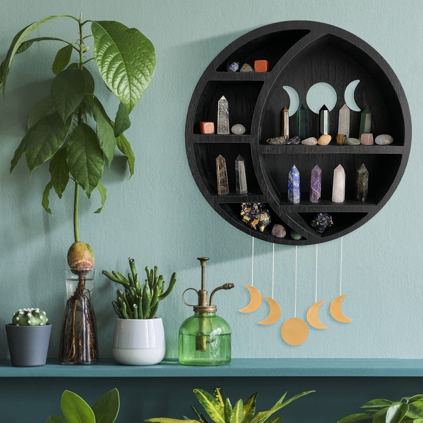 Ella & Emma Wooden Moon Shelf for Crystals - Crescent Moon Crystal Shelf, Storage & Wall Hanging Shelves for Bedroom Aesthetic, Moon Phase Wall Decor & Crystal Display Shelf, Pinewood, Black