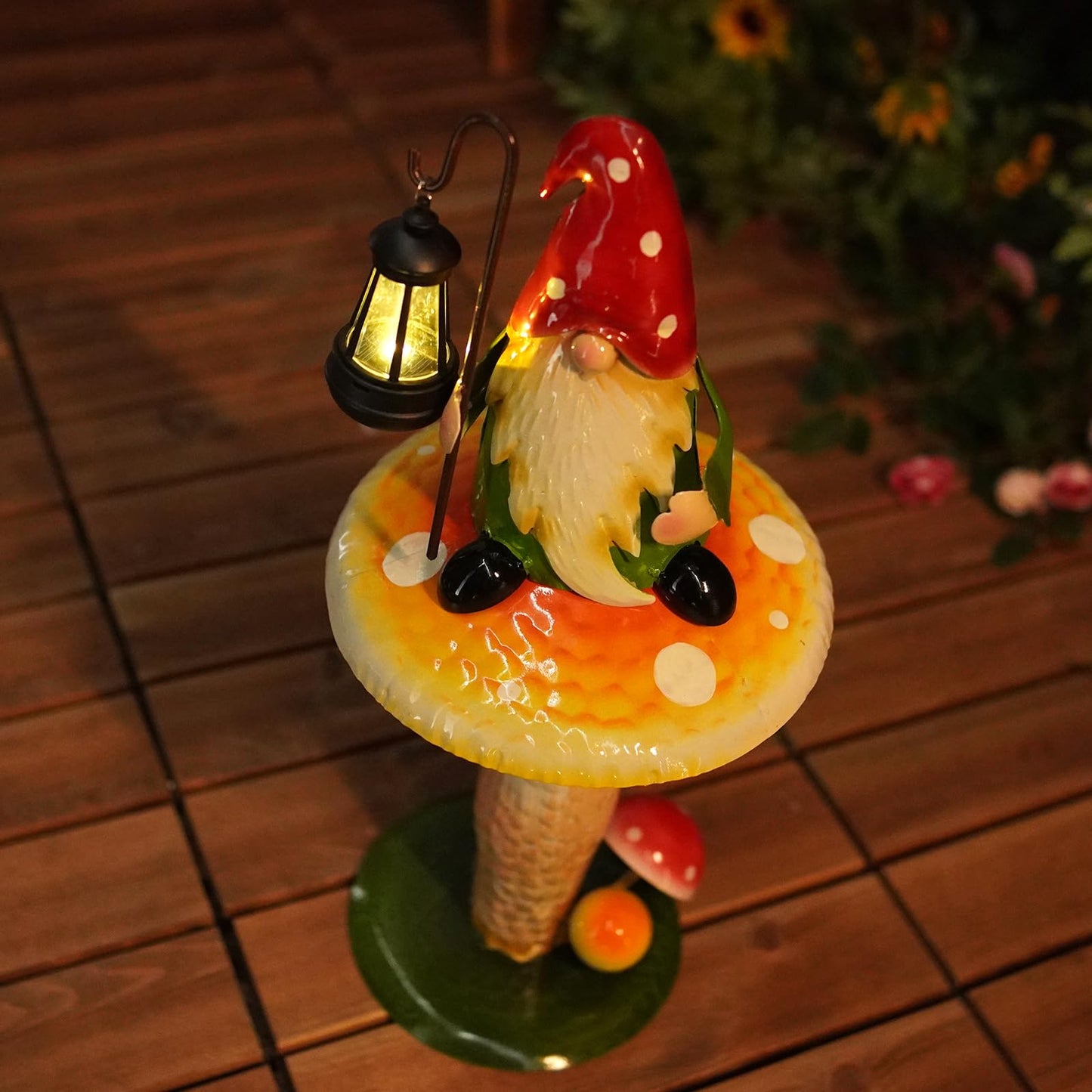 HONGLAND Solar Garden Gnomes Outdoor Statue, Waterproof Outdoor Mushroom Decor with Solar Lantern LED Lights for Yard, Patio, Lawn Ornaments, Ideal Gifts for Mom Grandm, Housewarming Gifts-16.5"