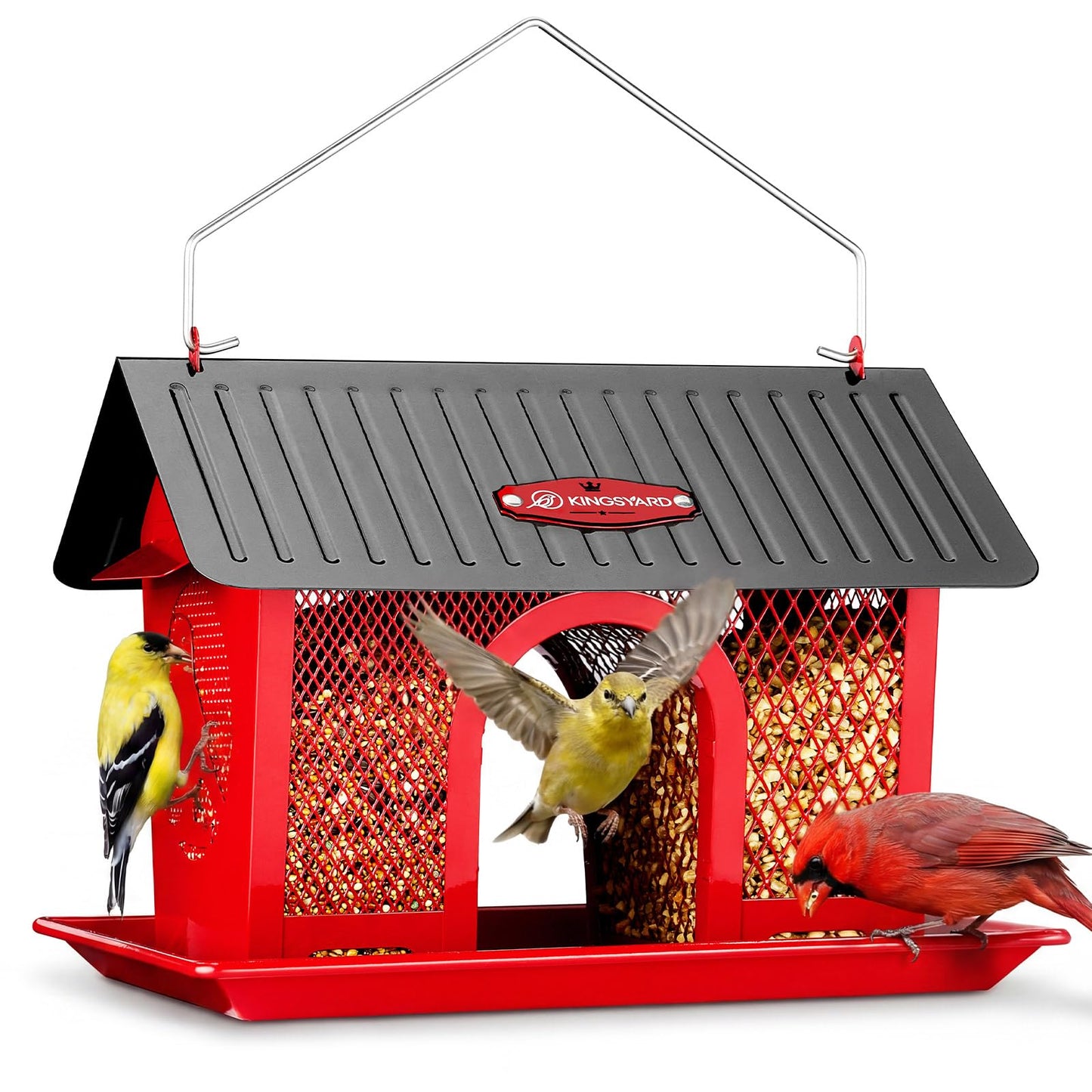 Kingsyard Bird Feeder for Outdoors Hanging, Dual-Use Metal Mesh Wild Bird Feeders with Seed Tray & Weatherproof Roof, 3 lbs Large Capacity, Red