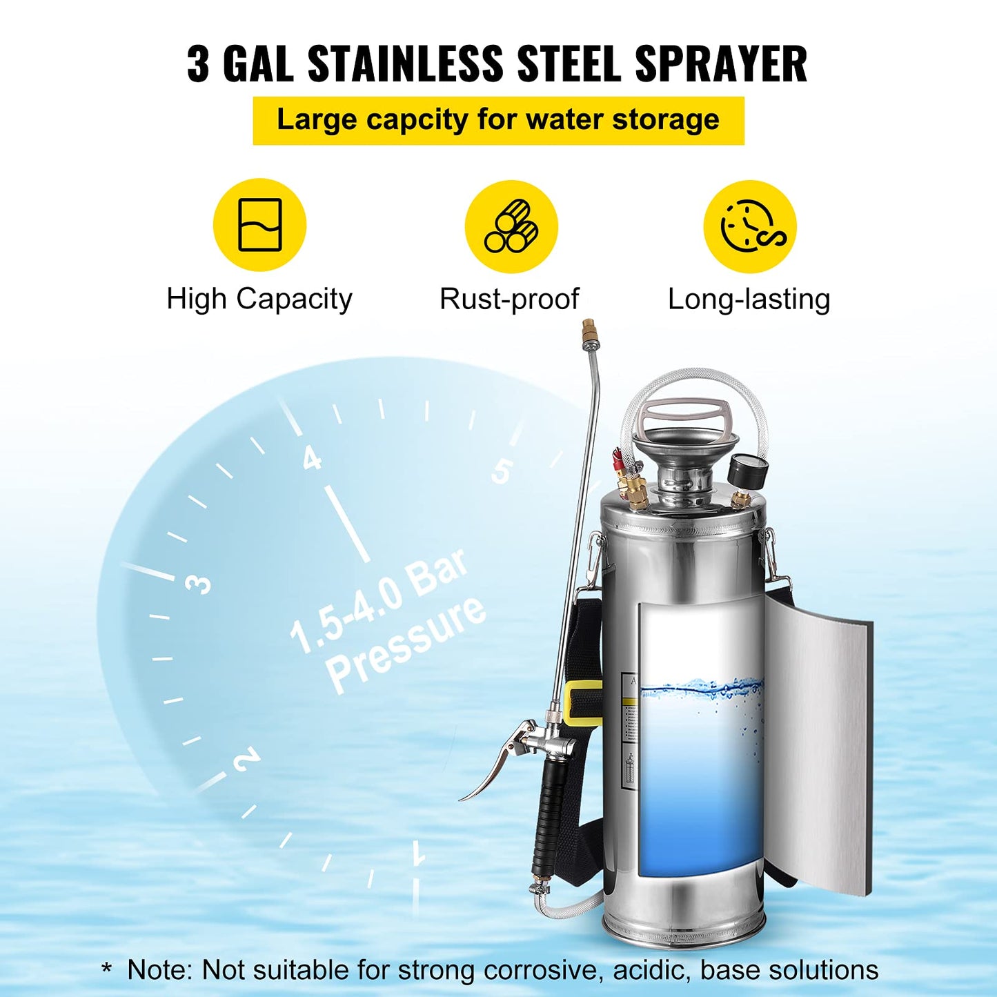Happybuy 3 Gallon Stainless Steel Sprayer, 20" Wand & 3FT Reinforced Hose, Hand Pump Sprayer with Pressure Gauge, Safety Valve & Adjustable Nozzle, Weed Sprayers for Lawn, Gardening & Sanitizing