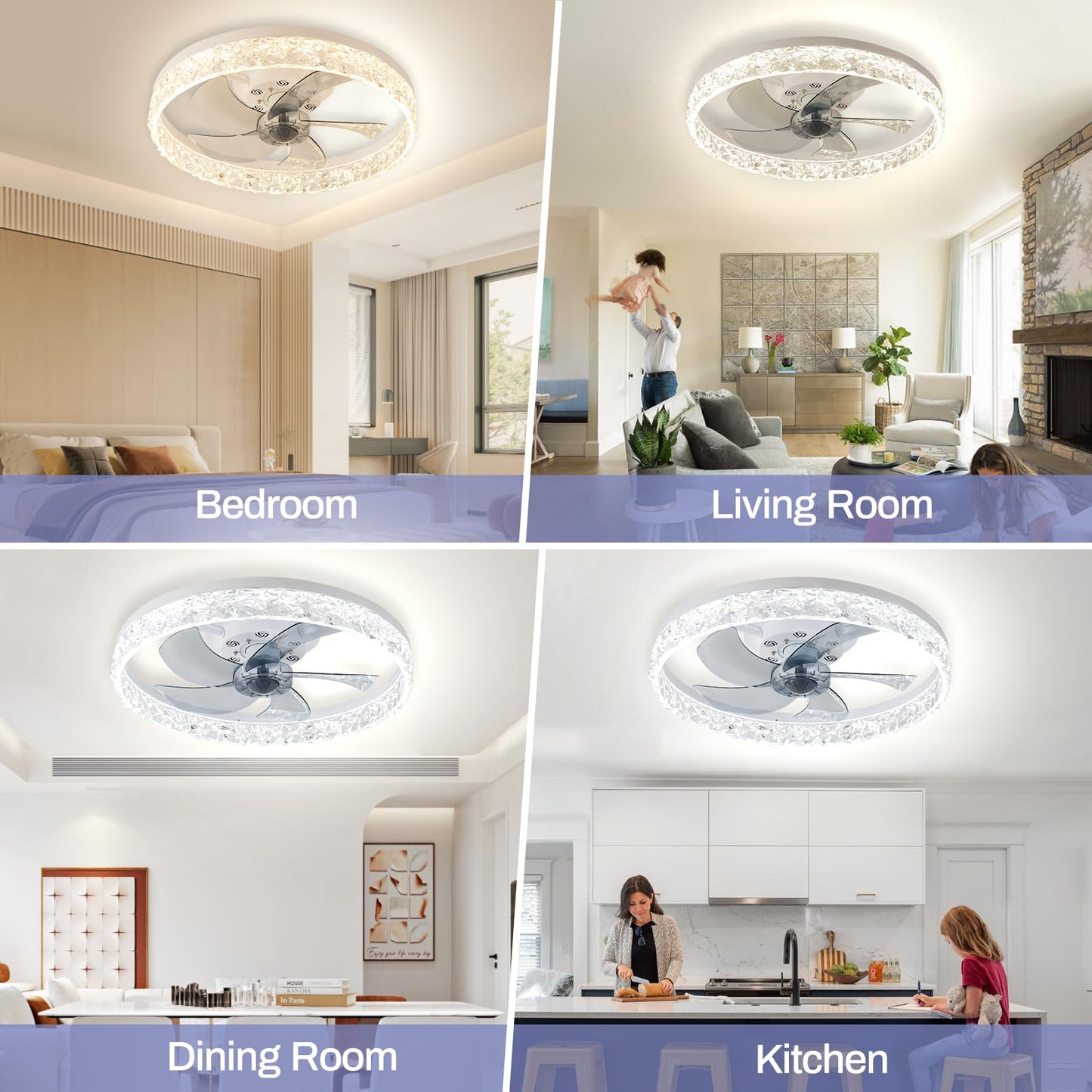 Cainjiazh 20" Modern Low Profile Ceiling Fan with Light Bedroom LED Ceiling Fan with Remote Control, Bladeless Flush Mount White Fan Lights Ceiling Fixtures for Living Room 3000K-6500K Fan Light
