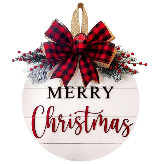 Merry Christmas Wreath Welcome Sign for Front Door, 11.8 inch Wooden Merry Christmas Sign for Holiday Rustic Farmhouse Front Door Porch Wall Window Outside Decorations (Merry Christmas-White)