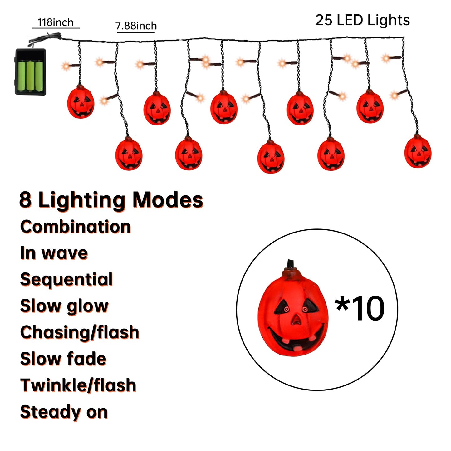 Taoushuleng 6FT 25LED Halloween Pumpkin String Lights, Icicle Light Strand with 10 Orange Jack O'Lantern, 8 Lighting Modes, Battery Operated, Indoor Outdoor Holiday Decoration
