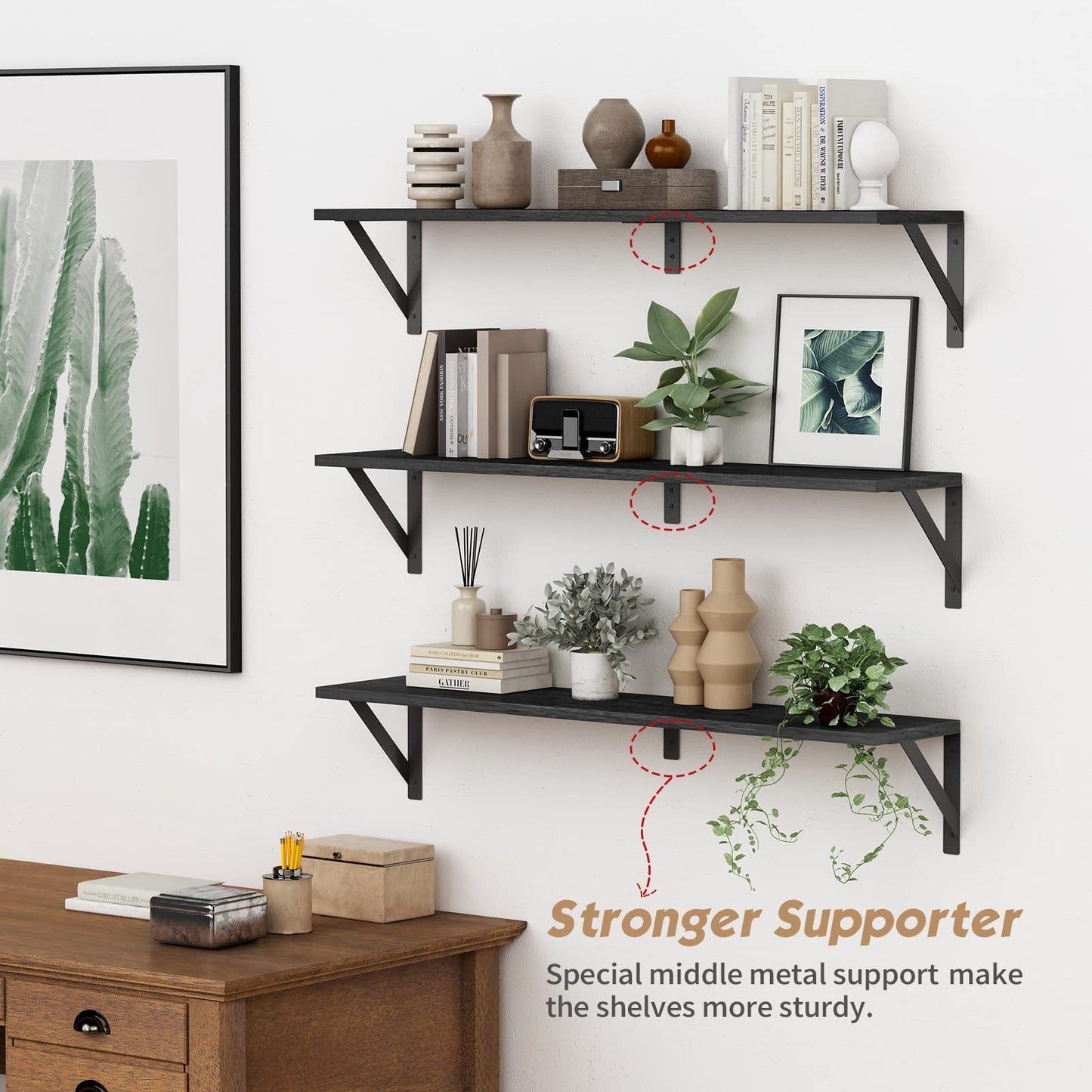 Forbena Floating Shelves 36 Inches Long 8 in Deep Set of 3, Large Wall Shelf for Bedroom Books, Heavy Duty Wide Wall Shelving for Living Room Office Kitchen Closet Organizers and Storage (Black)