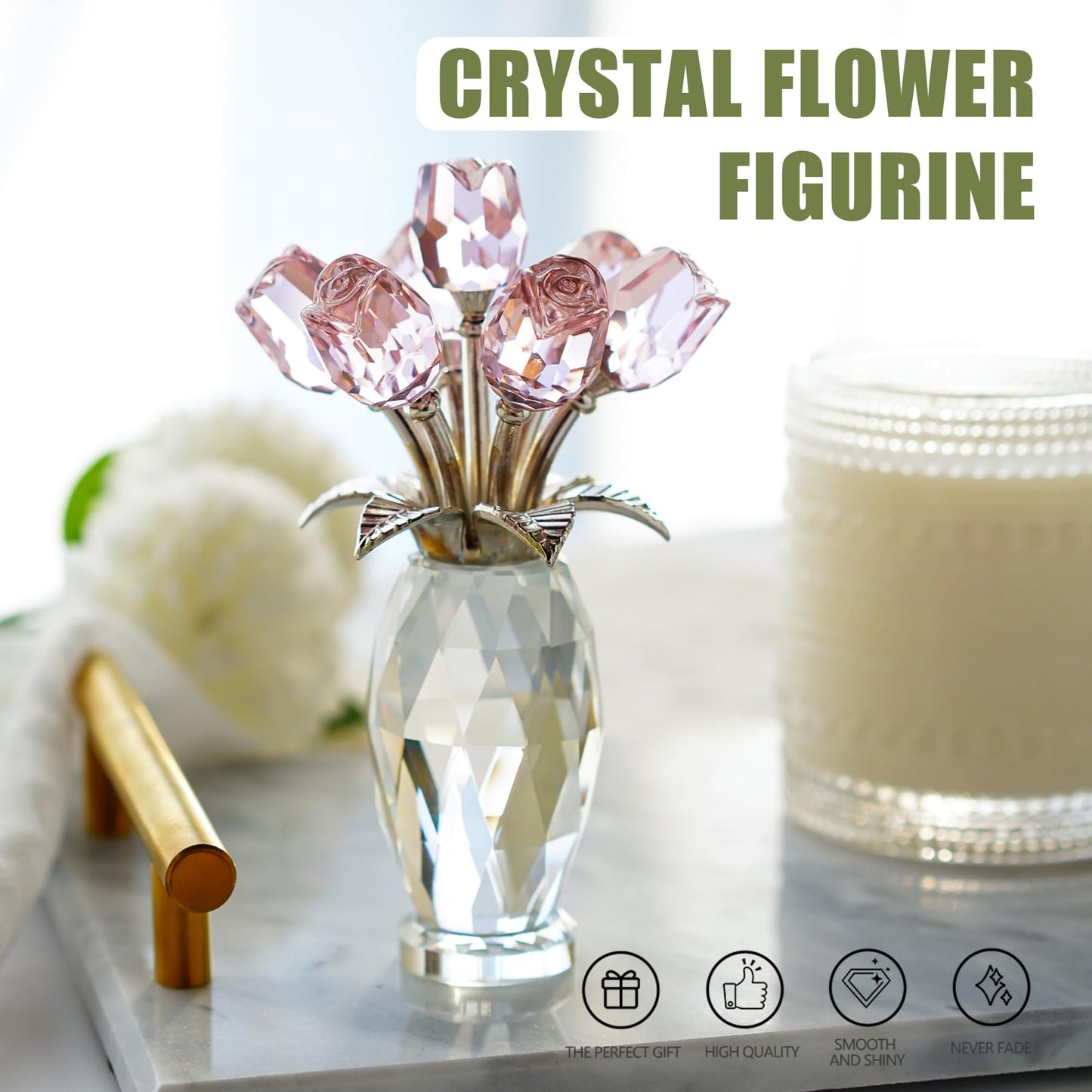 LOULIQIGIFT Crystal Pink Flowers Bouquet Romantic Art Glass Rose Flower Figurine Gifts for Women on Mother's Day Birthday Wedding Anniversary