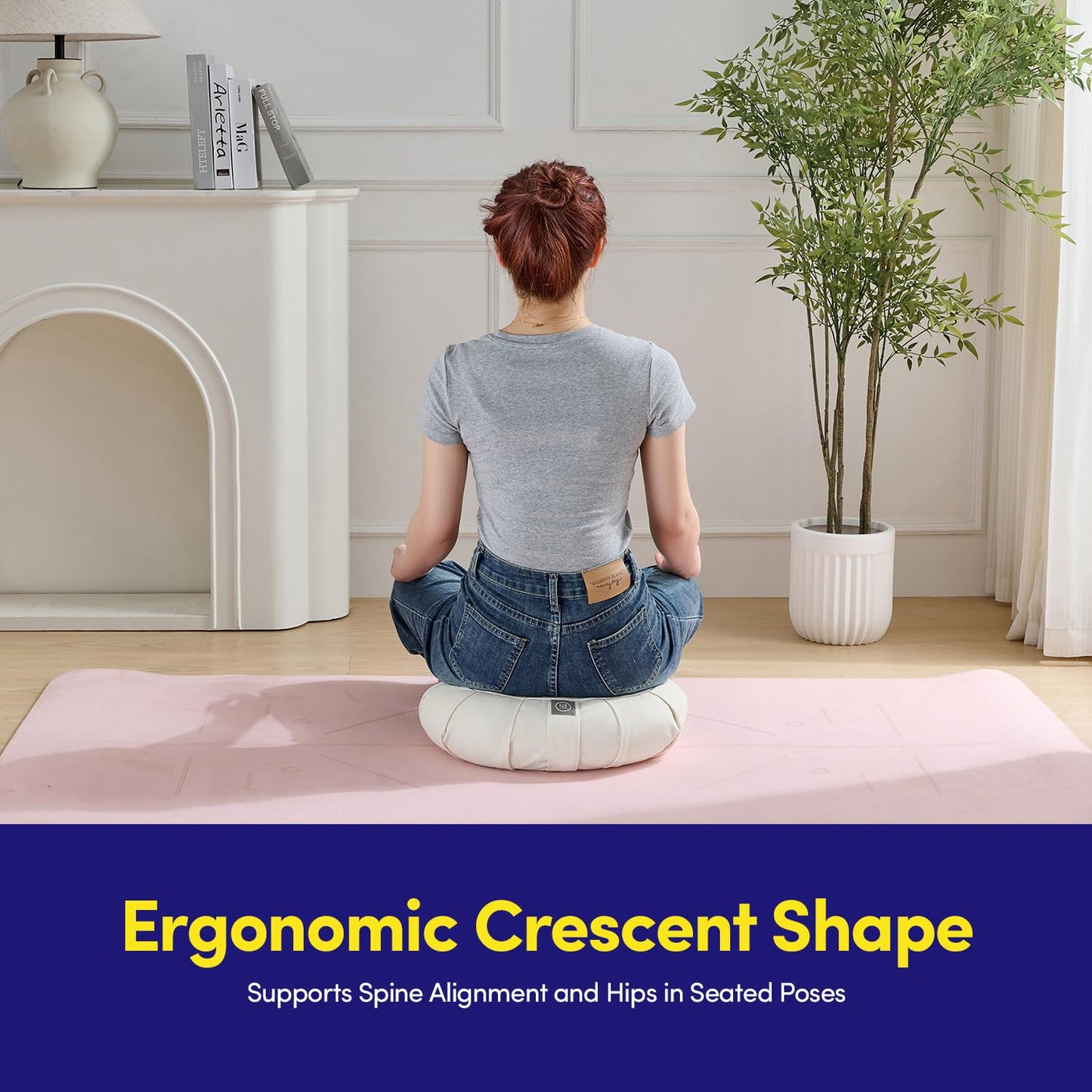 Zafu Meditation Cushion Floor Pillow – Supportive Crescent Cushion for Meditation, Yoga, Pilates, and Relaxation – Filled with Buckwheat Hulls - Removable Cotton Cover - Great Gift Idea, Beige