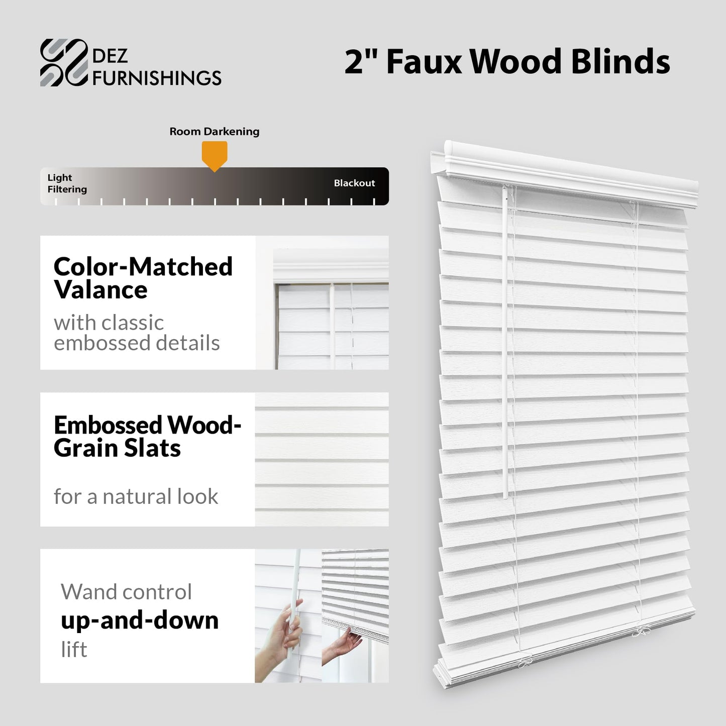 DEZ FURNISHINGS Cordless 2" Faux Wood Blind, 46.5" W x 48" H, White