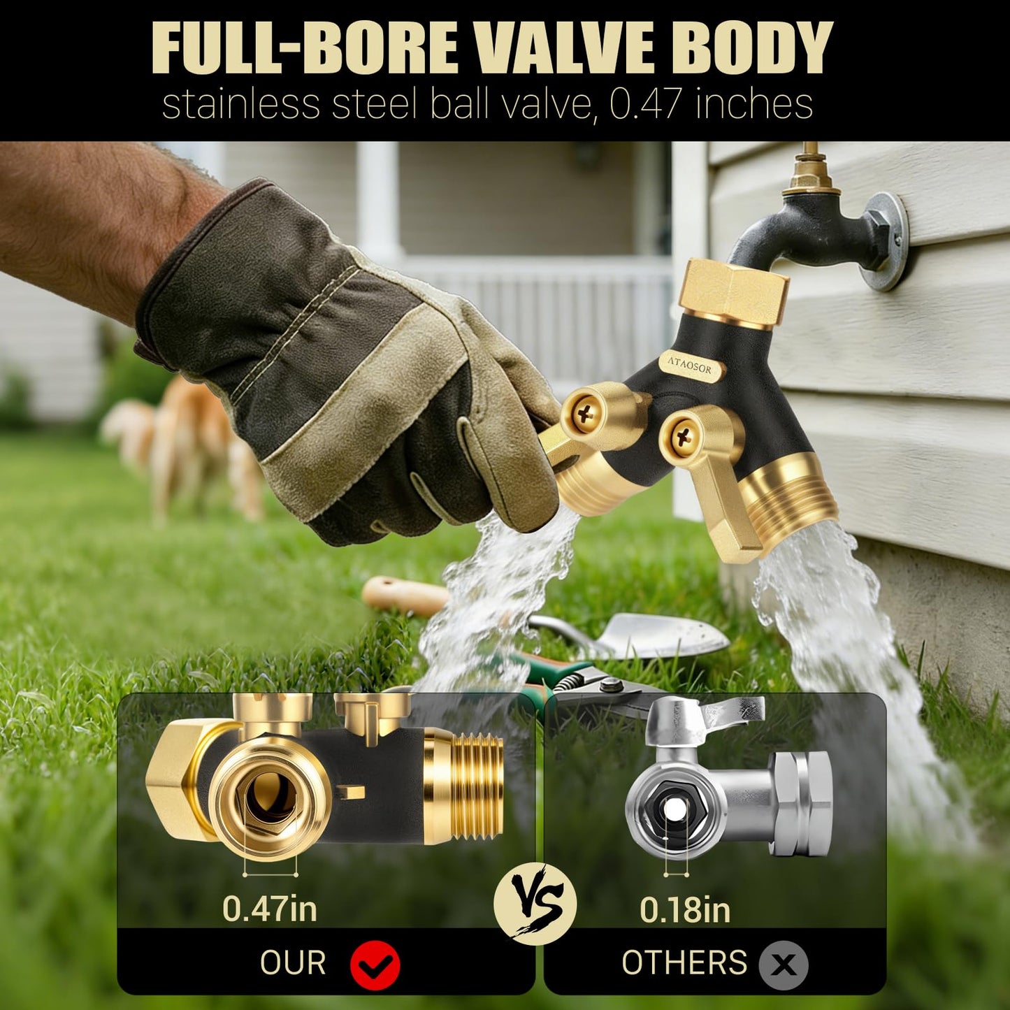 Hose Splitter 2 Way Heavy Duty, Metal Body Full Flow Garden Hose Splitter with Shut-Off Valve,3/4'' GHT Connector Water Hose Bib Y Spigot Splitter, For Outdoor Spigot Faucet and horticultural use.