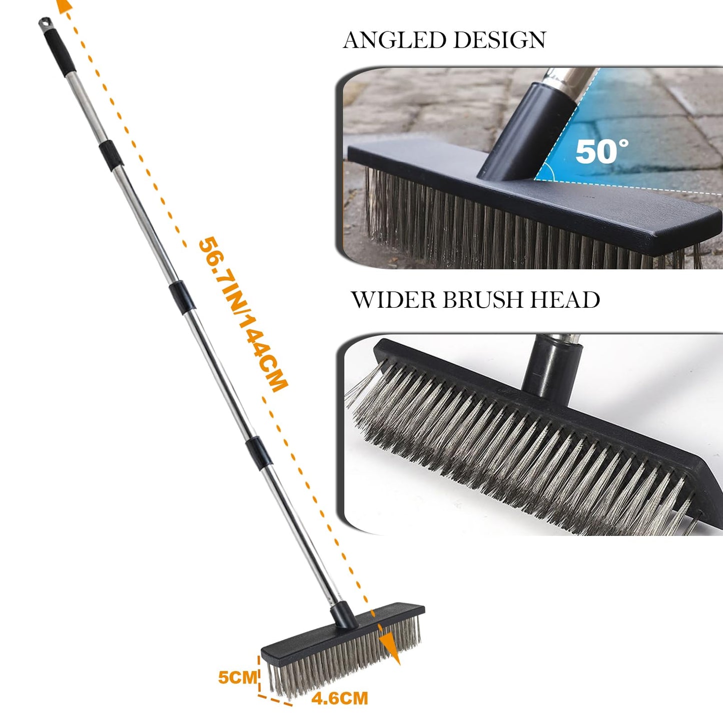 BSMstone Deck Brush Steel Wire Broom with Long Handle Stiff Scrub Brushes for Cleaning Boat Patio Concrete Moss Remover
