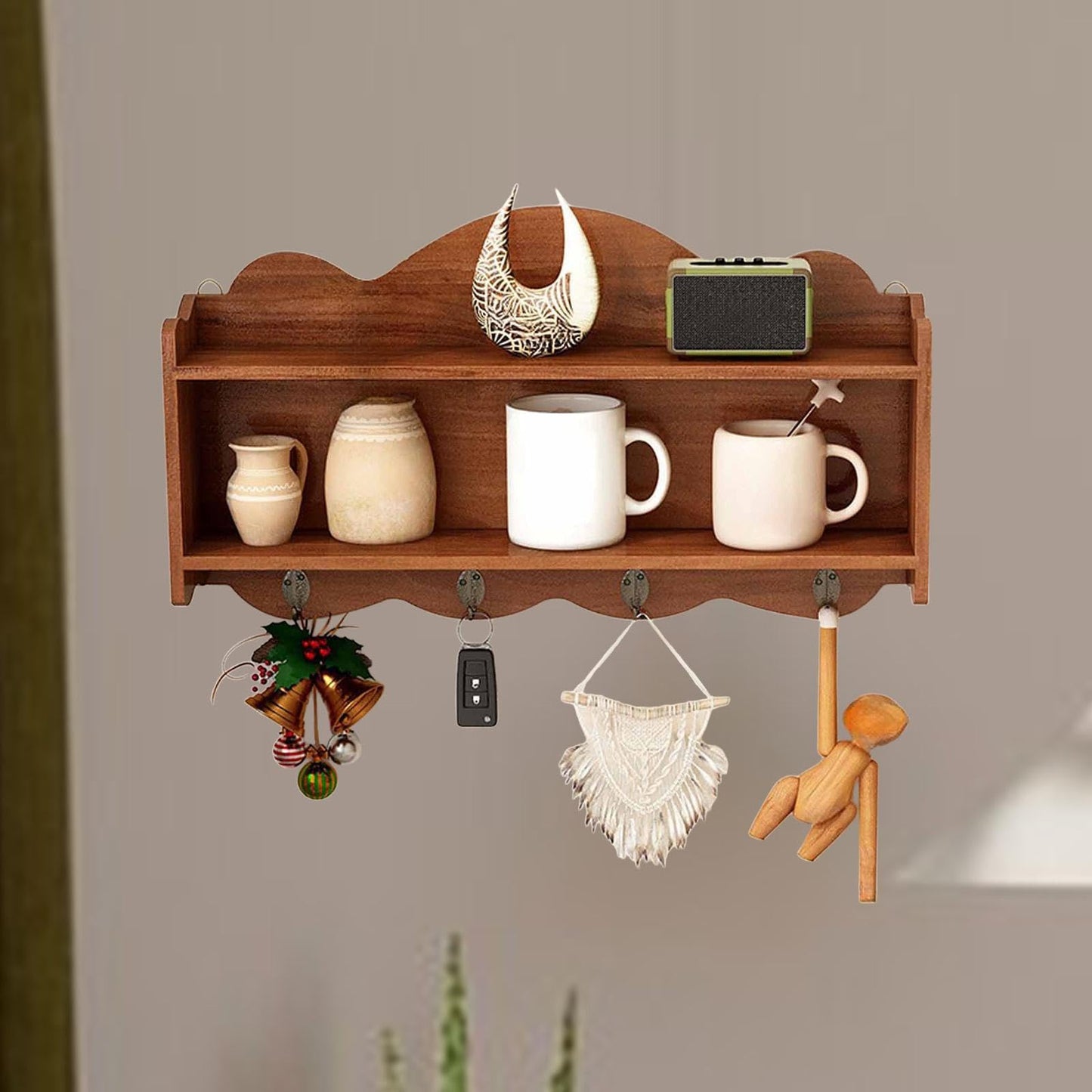 Bothyi Kitchen Shelves Key and Cup Holder Sturdy Multifunction with Hooks Antique Shelf Ornaments Display Stand for Bedroom Entryway, Brown