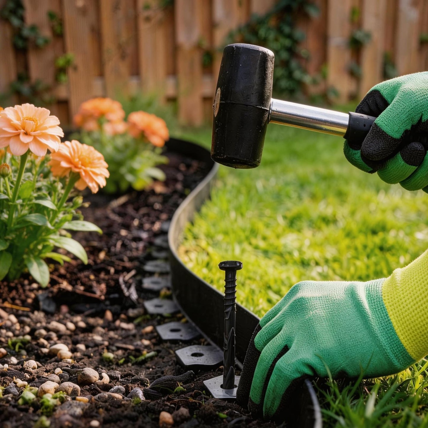 1.5in x 100ft No Dig Landscape Edging, Garden Edging Border with 150 Spikes, Hammer & Gloves, Tool-Free HDPE Lawn Edging Kit for Garden Yard Flower Beds Pathway Landscaping Project