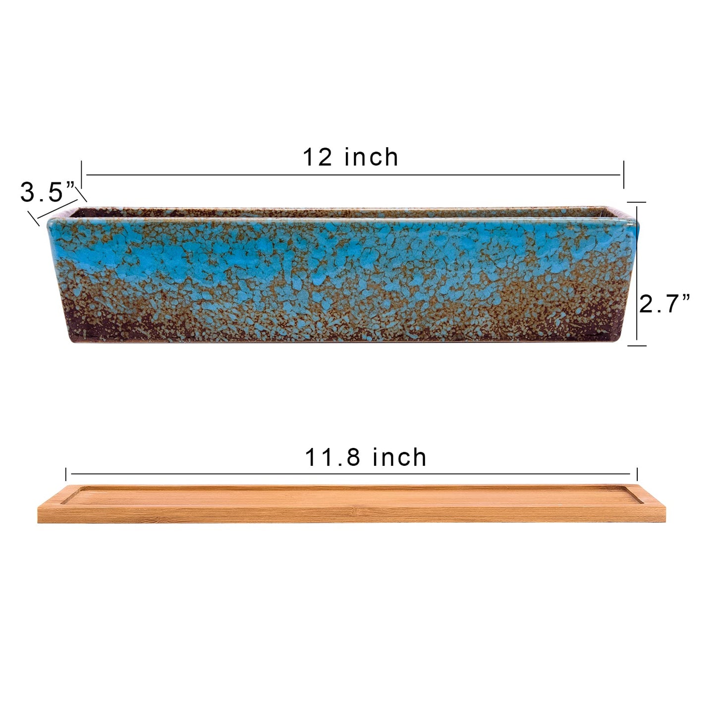 ARTKETTY Succulent Pots - Large Succulent Planter Pots with Drainage, 12 Inch Long Rectangle Bonsai Pot with Bamboo Tray Shallow Ceramic Cactus Flower Planter Window Box for Home Garden Decor (Blue)