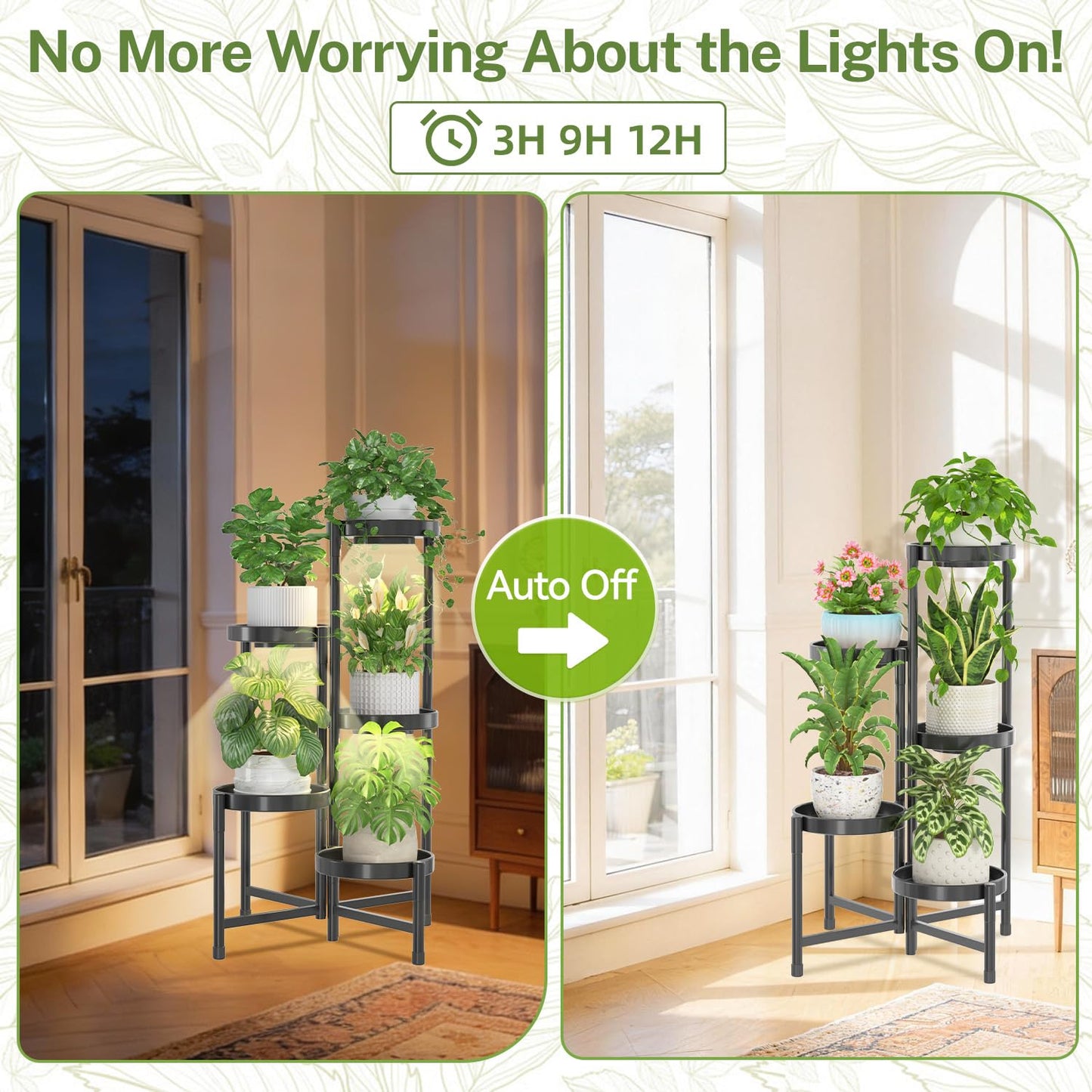 iDavosic.ly Plant Stand Indoor with Grow Light, 5 Tier Corner Metal Flower Display Holder Shelf, Easy Assembly Folding Tall Orchid Rack for Patio Balcony Porch Garden Living Room House, Black