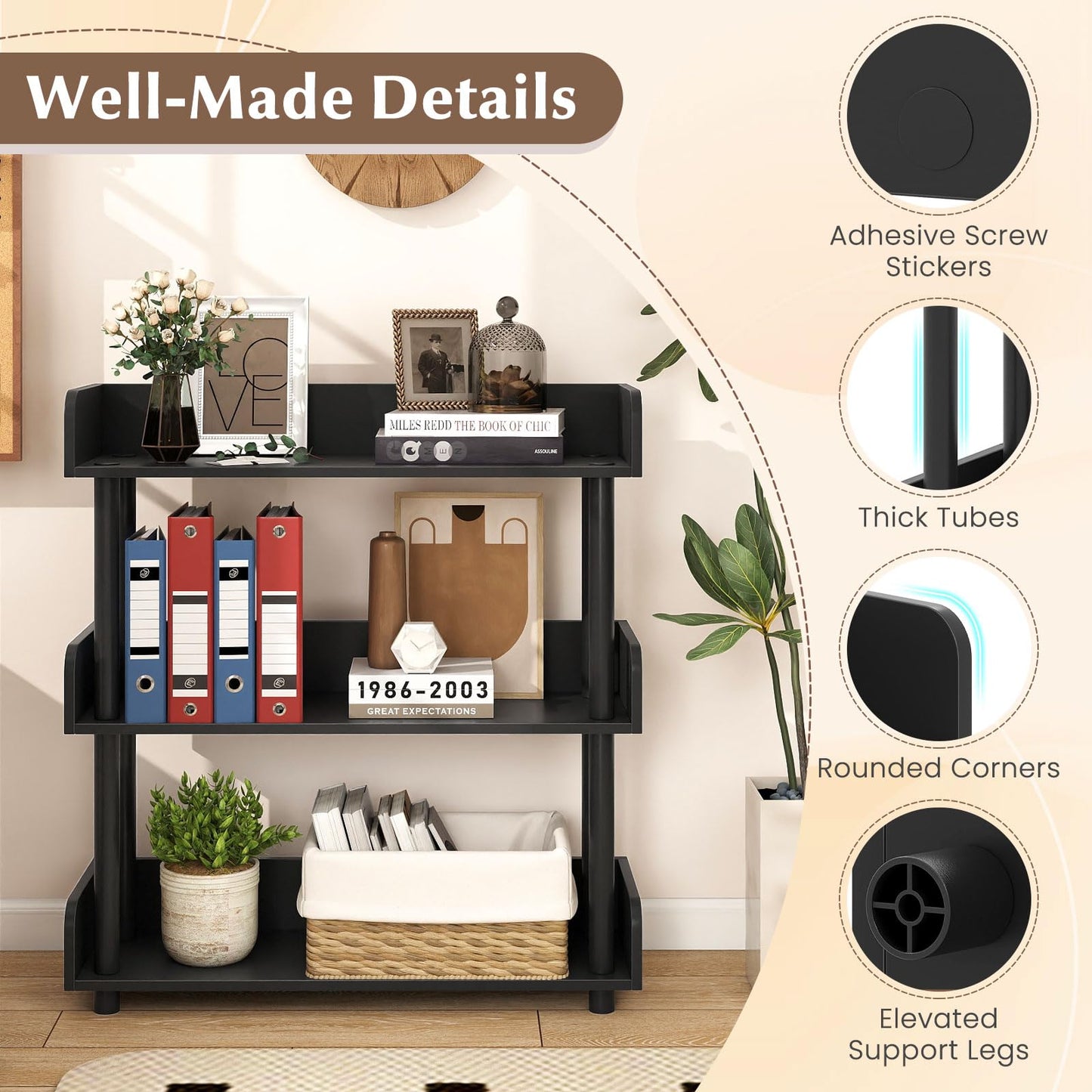 Tangkula 3-Tier Bookshelf, Multipurpose Wood Standing Display Rack with Back and Side Panels, Industrial Open Bookcase, Storage Organizer for Living Room Kitchen Office (Black, 1 Pack, 3-Tier)