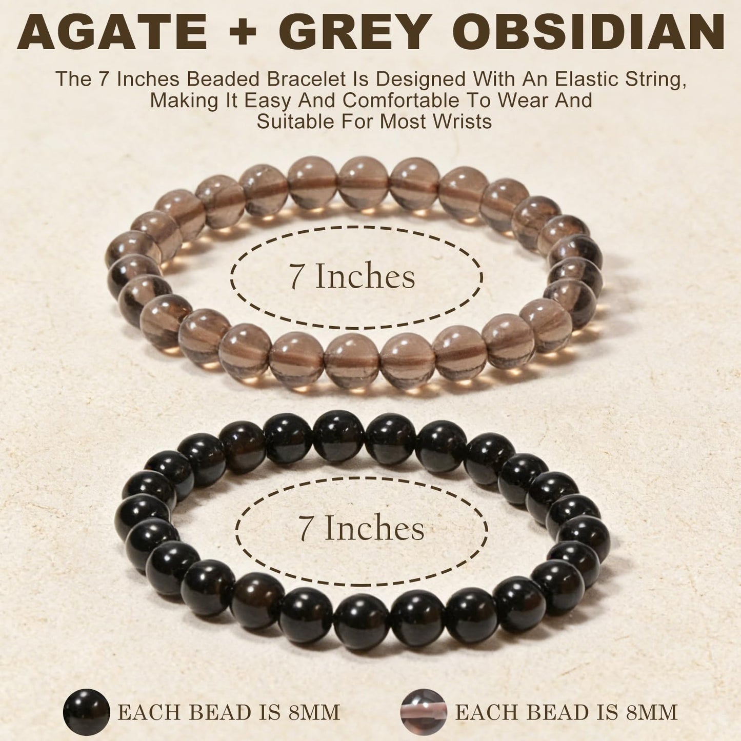 Aluckiss 8mm 2PCS Agate Bracelet for Women Men Natural Round Beaded Agates Stone Healing Stretch Bracelets Elastic Handmade Polished Gemstone Beads Bracelet Grey+Black 2 Colors