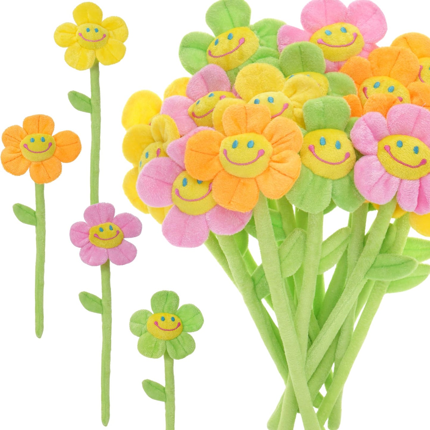 16 Pack Pastel Plush Flowers, Bendable Stems for Easy Curtain Tiebacks & DIY Bouquets, 12 Inch Stuffed Smiley Sunflowers, Soft Kawaii Artificial Room Decor for Teen Girls & Nursery Vibe