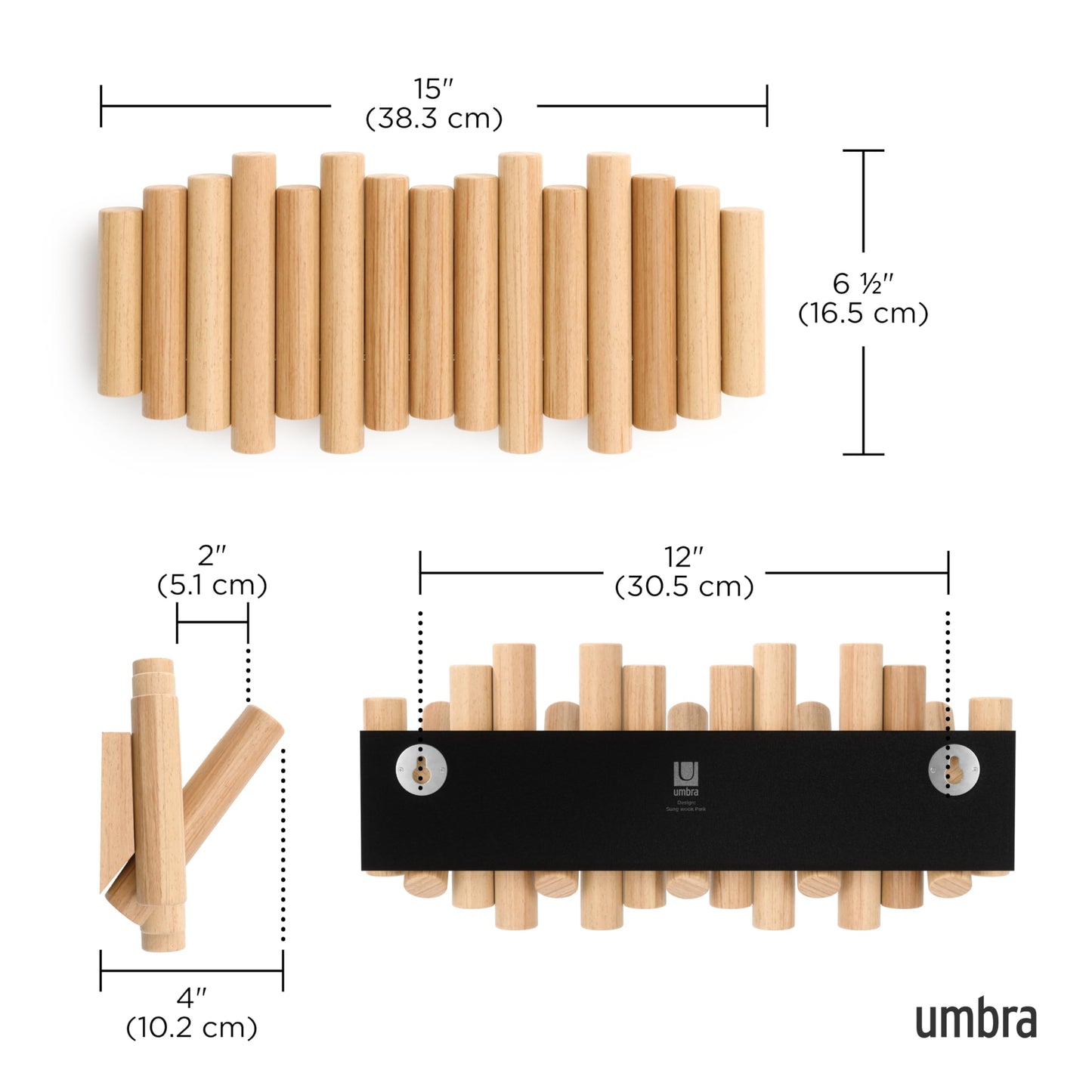 Umbra Picket Coat Rack Wall Mount – 5 Flip-Down Wood Coat Hooks, Modern & Functional Storage, Easy Install Wall Hooks, Natural
